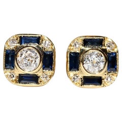 18k Gold Natural Old Mine Cut  Diamond And Caliber Sapphire Earring
