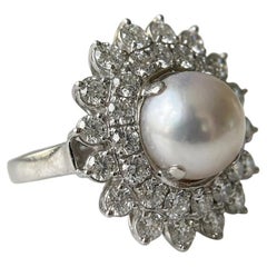 18K Gold Natural Pearl & 4 Carat Diamond Ring