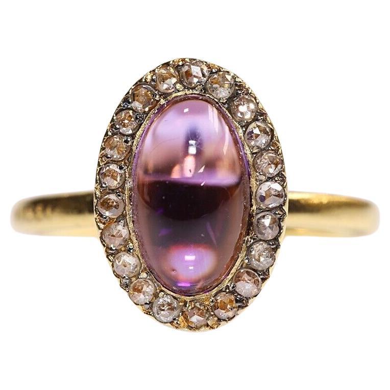 18K Gold Natural Rose Cut Diamond And Cabochon Cut Amethyst Decorated Ring