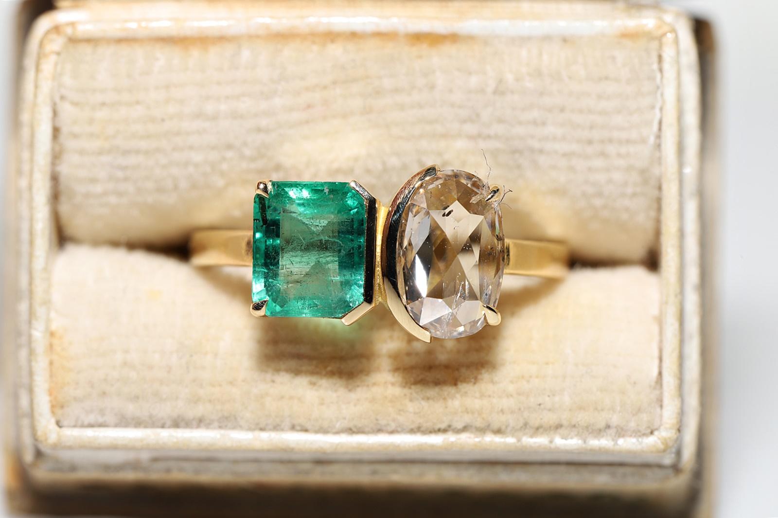 18k Gold Natural Rose Cut Diamond And Emerald Decorated Ring In New Condition For Sale In Fatih/İstanbul, 34