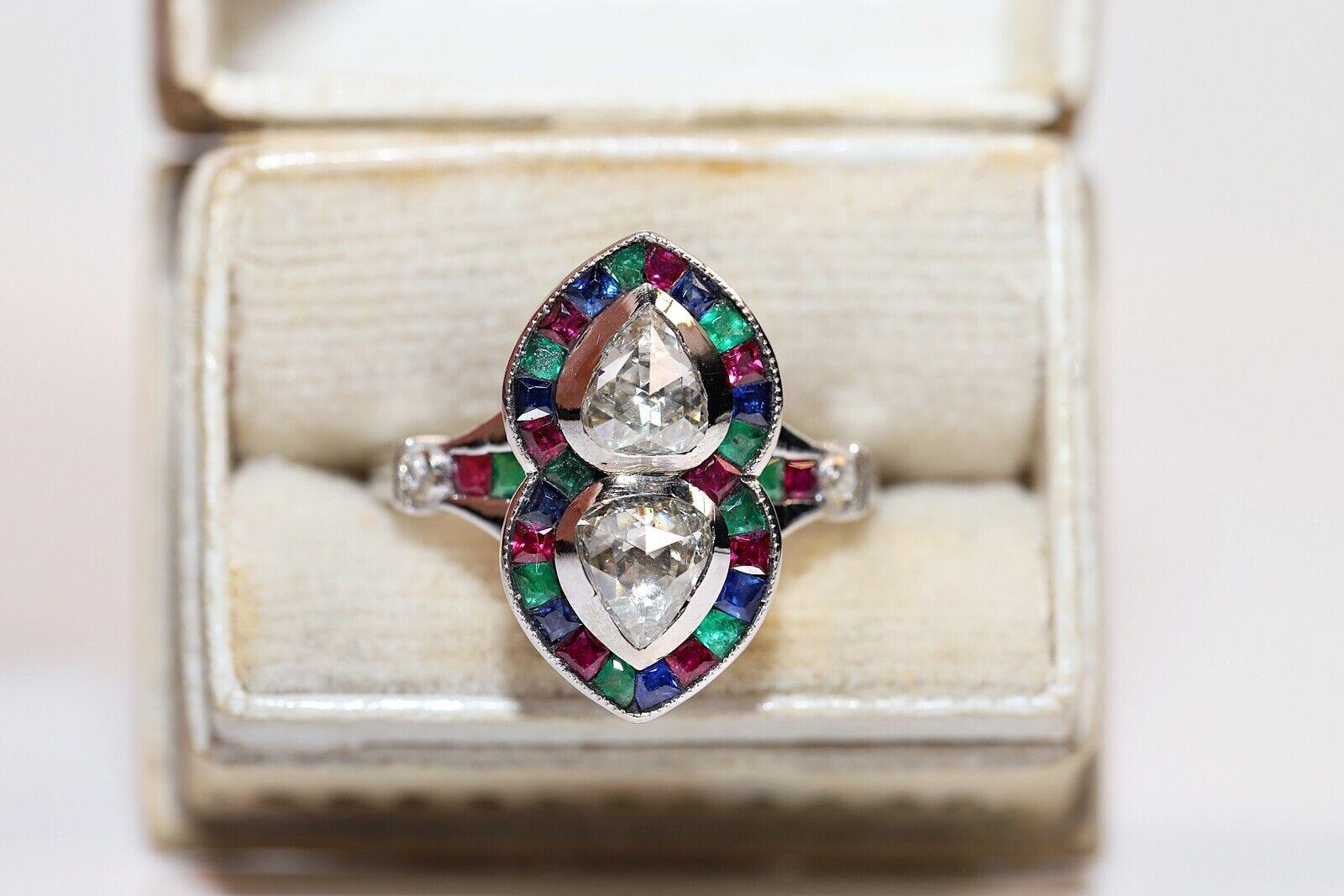  18k Gold Natural Rose Cut Diamond And Emerald Ruby Sapphire Decorated Ring For Sale 7