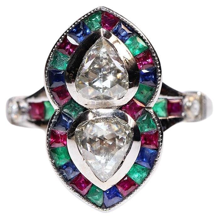  18k Gold Natural Rose Cut Diamond And Emerald Ruby Sapphire Decorated Ring For Sale