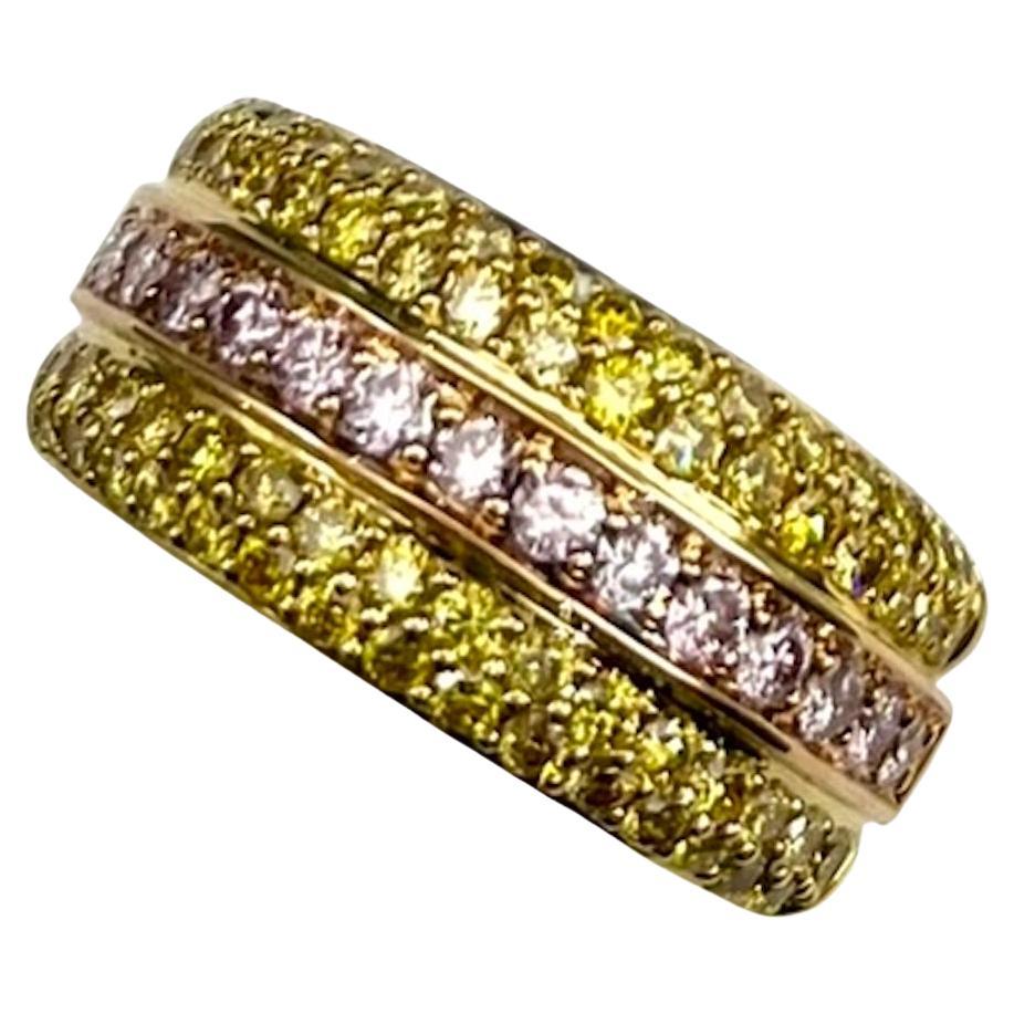 Bague en or 18 carats avec diamants ronds roses et jaunes naturels