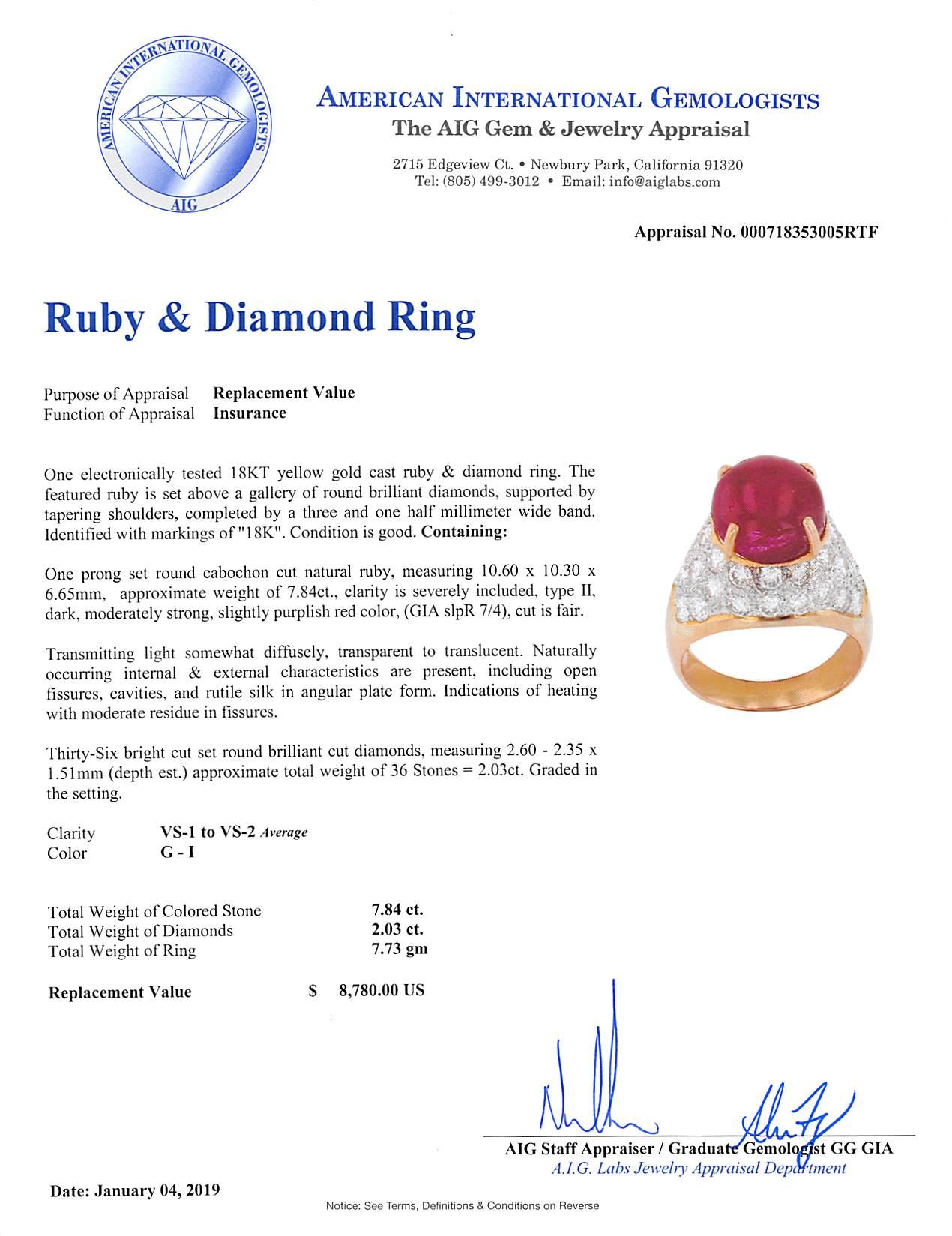 18 Karat Gold Natürlicher Rubin Cabochon Diamant Pavé Ring, um 1995 im Angebot 4
