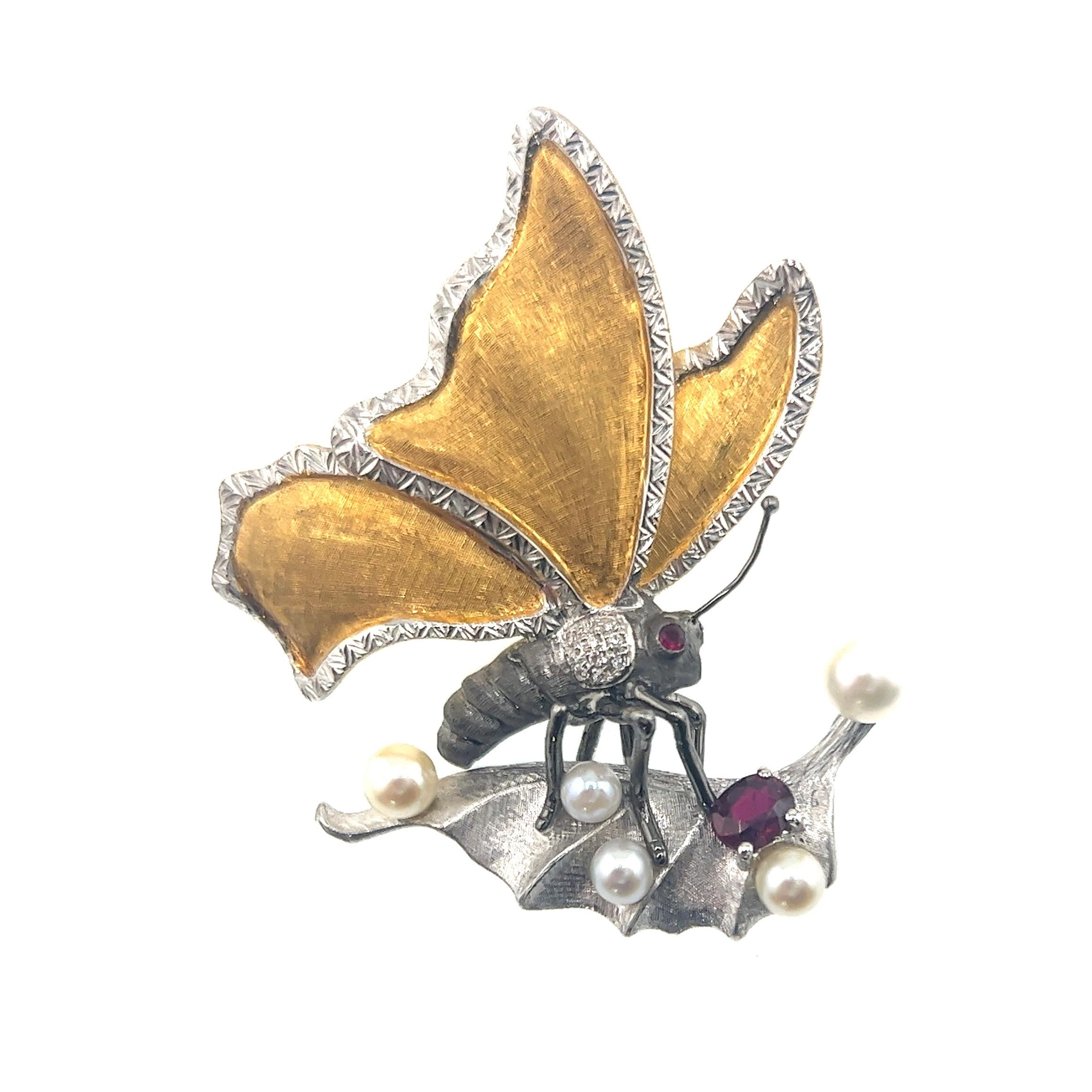 18K Gold Natürlicher Rubin & Diamant Schmetterling & Blatt-Anhänger Brosche (Moderne) im Angebot