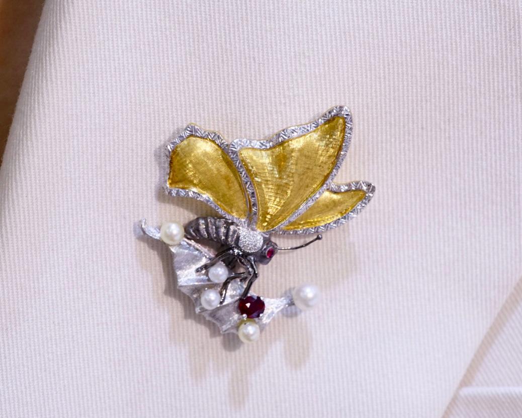 18K Gold Natürlicher Rubin & Diamant Schmetterling & Blatt-Anhänger Brosche im Angebot 1