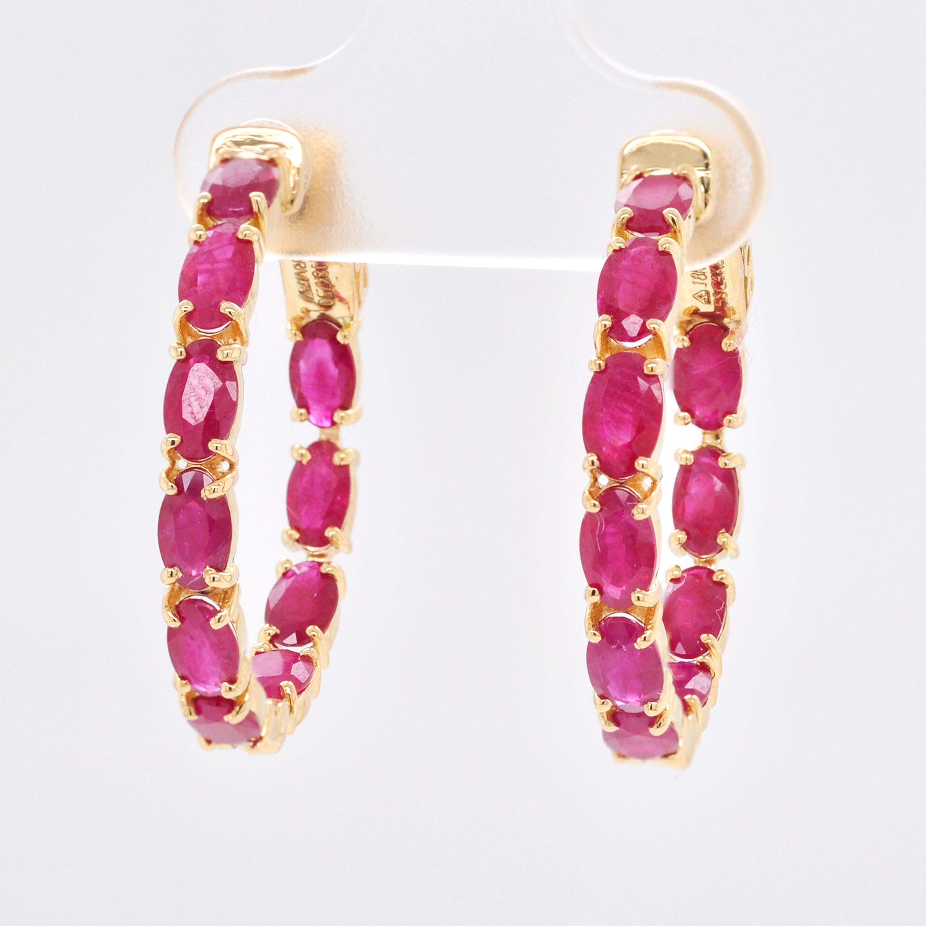 18K Gold Natural Ruby 5x3 MM Oval Hoop Earrings For Sale 4
