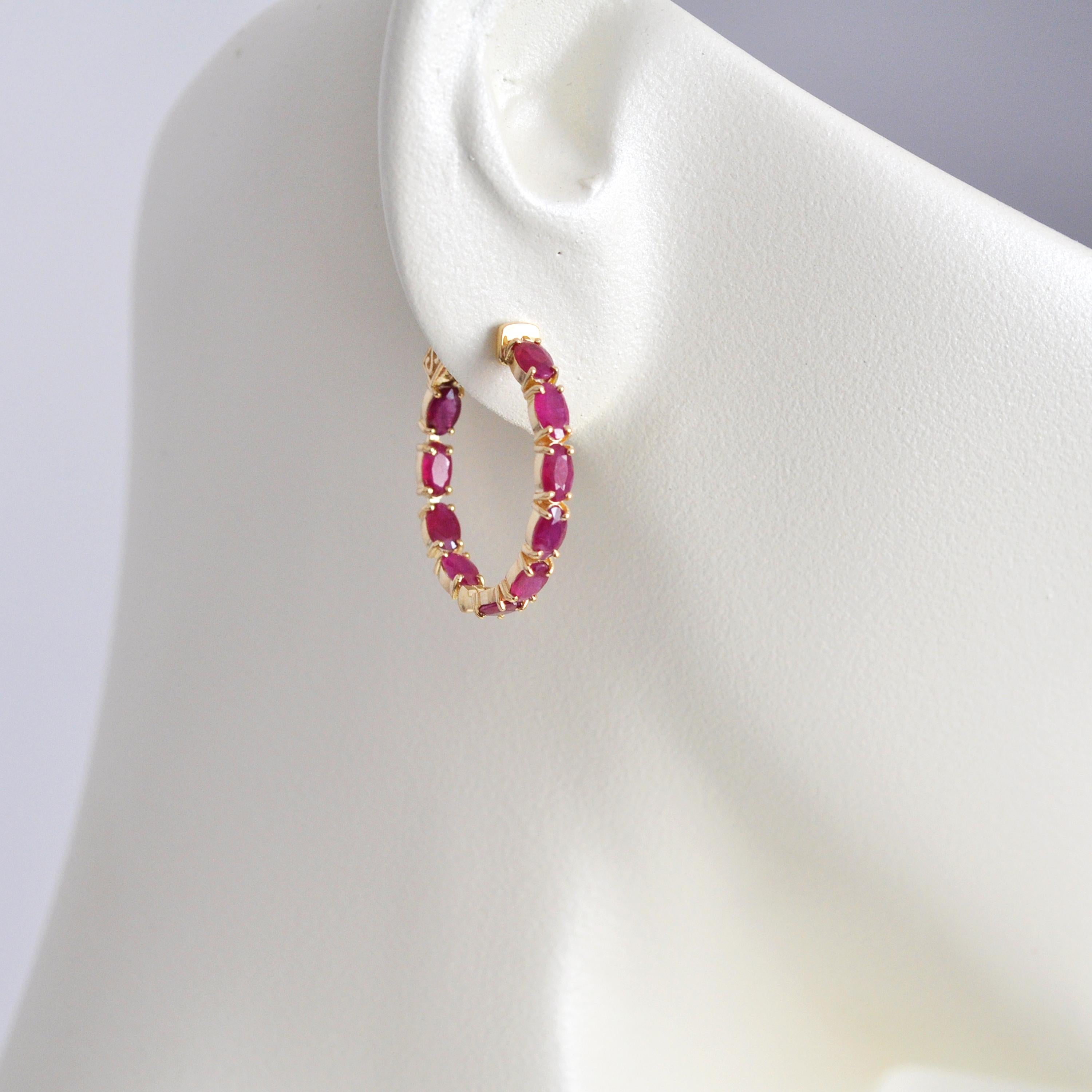 Oval Cut 18K Gold Natural Ruby 5x3 MM Oval Hoop Earrings For Sale
