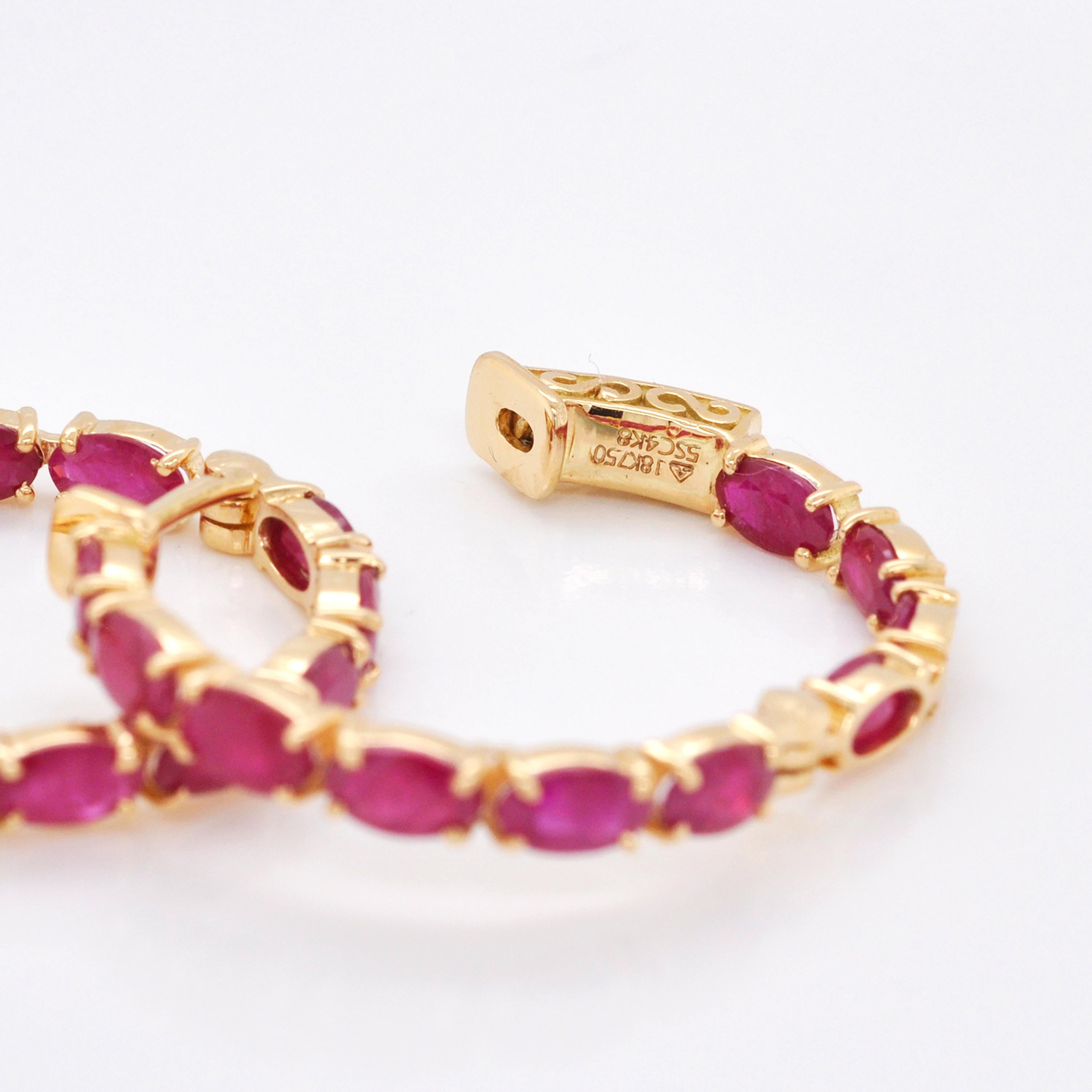 Women's 18K Gold Natural Ruby 5x3 MM Oval Hoop Earrings For Sale