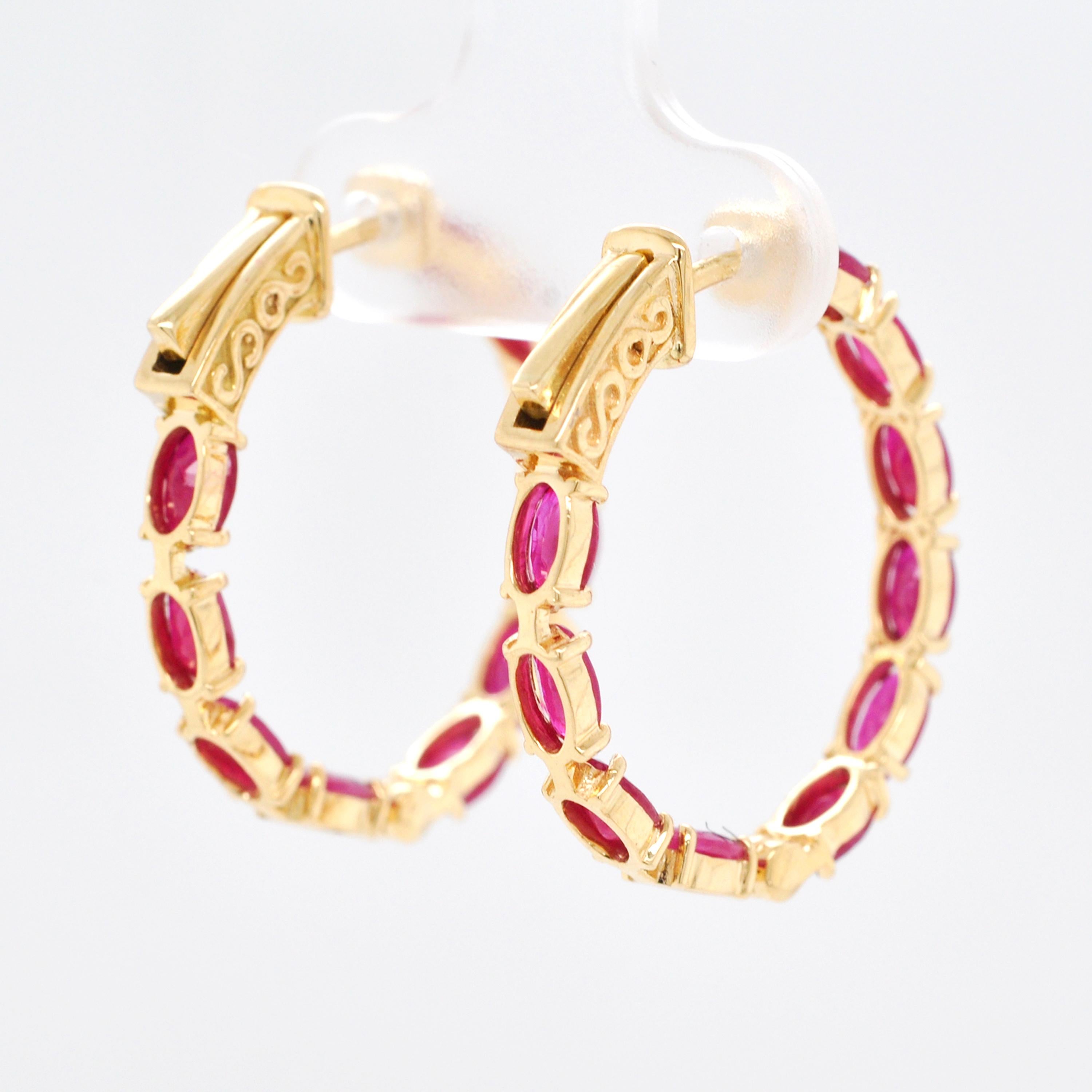 18K Gold Natural Ruby 5x3 MM Oval Hoop Earrings For Sale 1