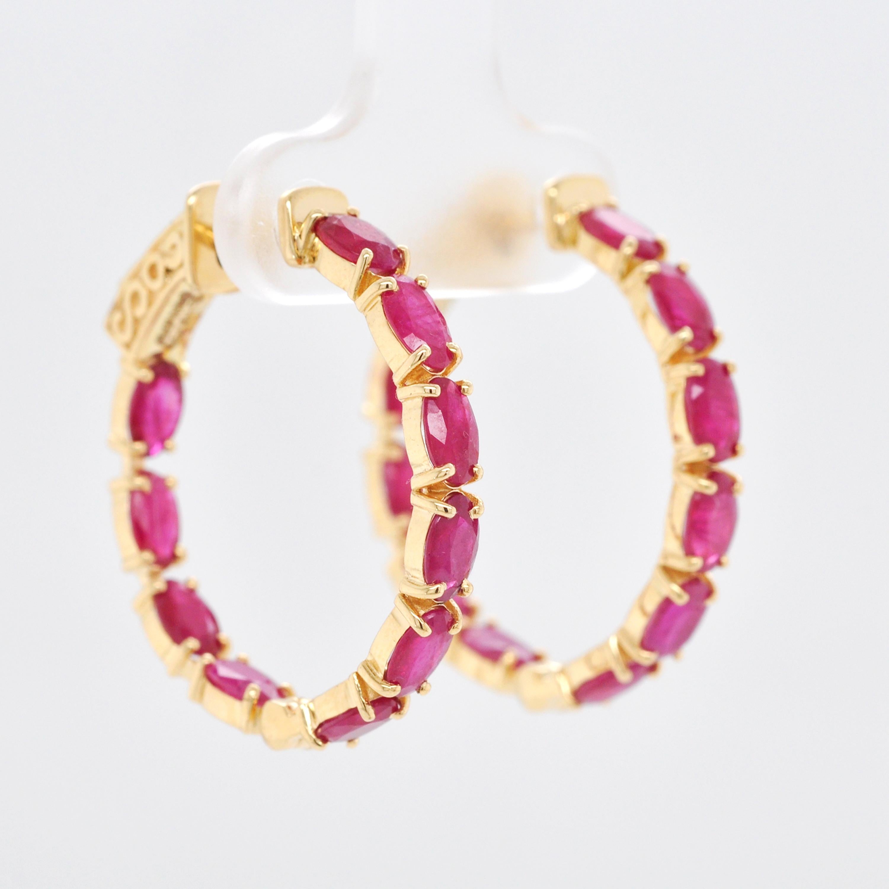 18K Gold Natural Ruby 5x3 MM Oval Hoop Earrings For Sale 3