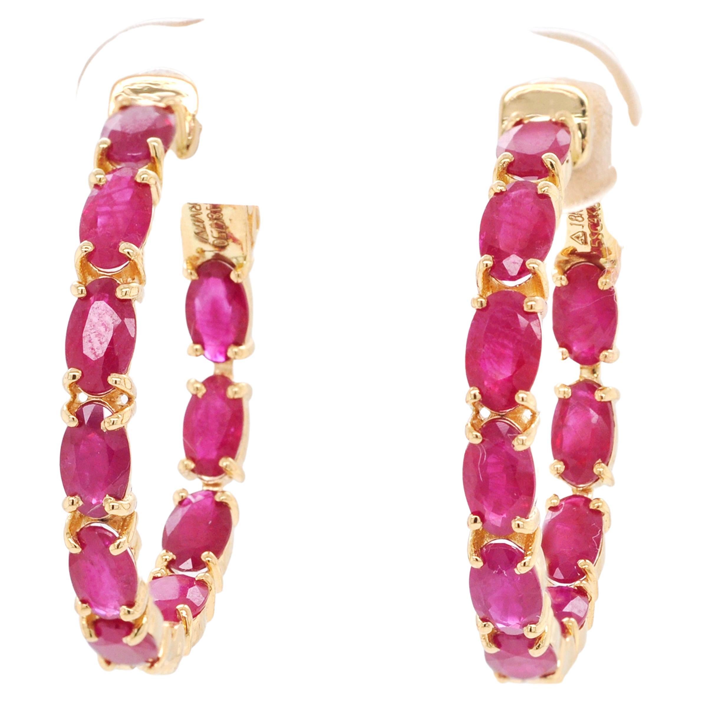 18K Gold 1.10ct Squared Cut Bright Red Ruby Hoop Earring For Sale at ...
