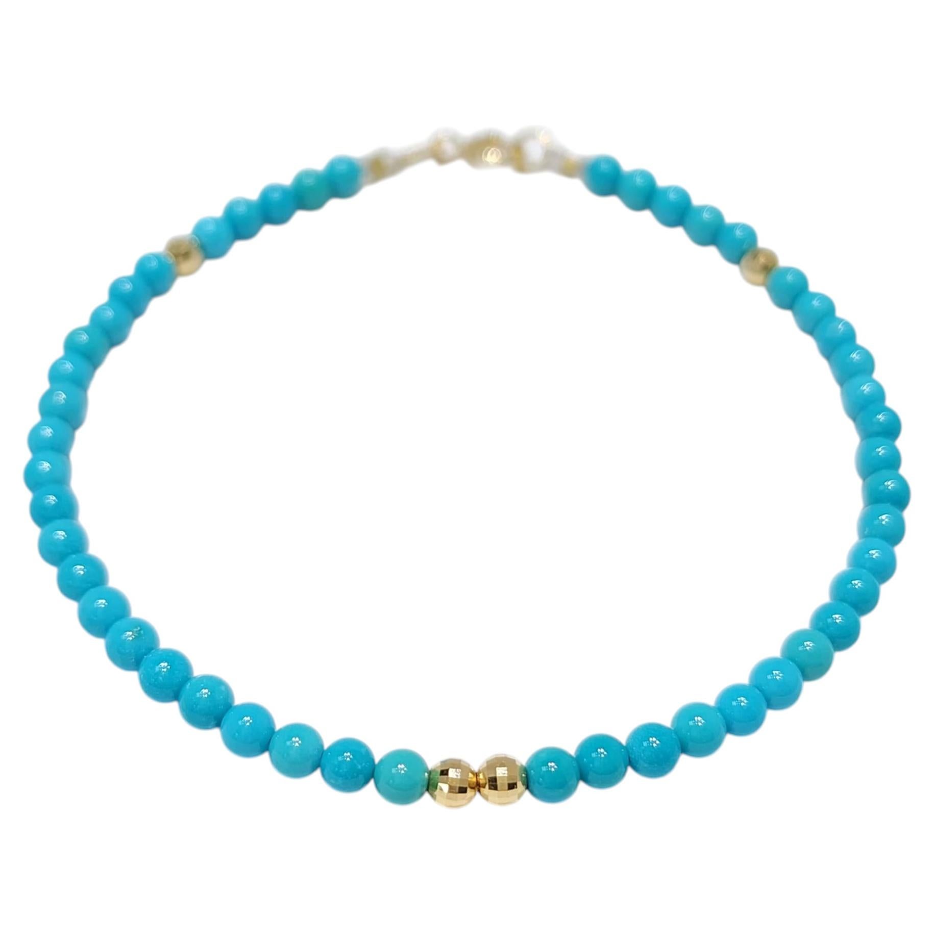 18K Gold Natural Sleeping Beauty Turquoise Bracelet – 3mm Beads, 17cm