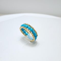 18K Gold Natural Sleeping Beauty Turquoise Elastic Ring – 3mm Beads