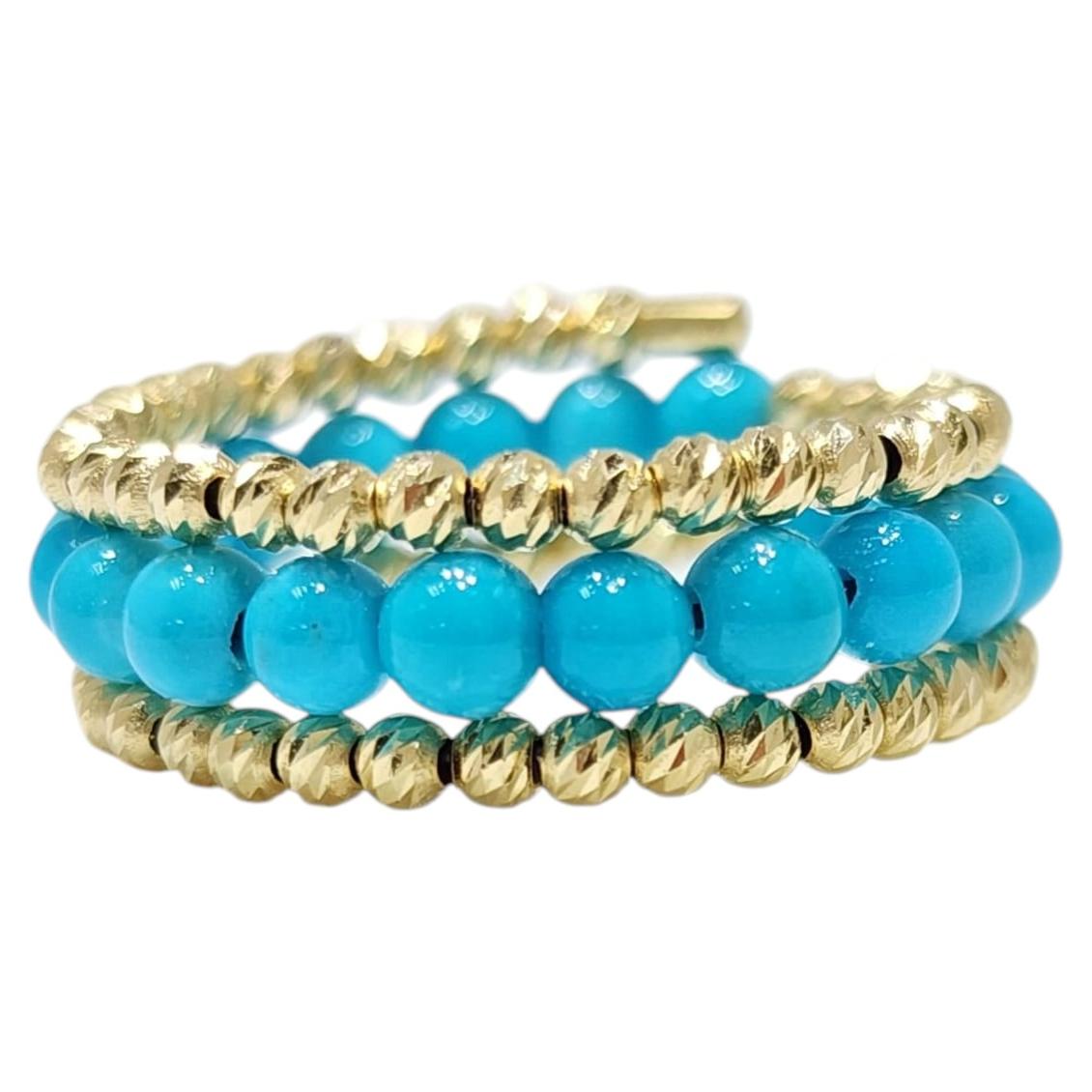 18K Gold Natural Sleeping Beauty Turquoise Elastic Ring – 3mm Beads For Sale