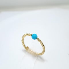 18K Gold Natural Sleeping Beauty Turquoise Elastic Ring – 4mm Beads