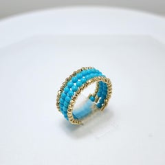 18K Gold Natural Sleeping Beauty Turquoise Elastic Ring Set – 2mm Beads Set of 2
