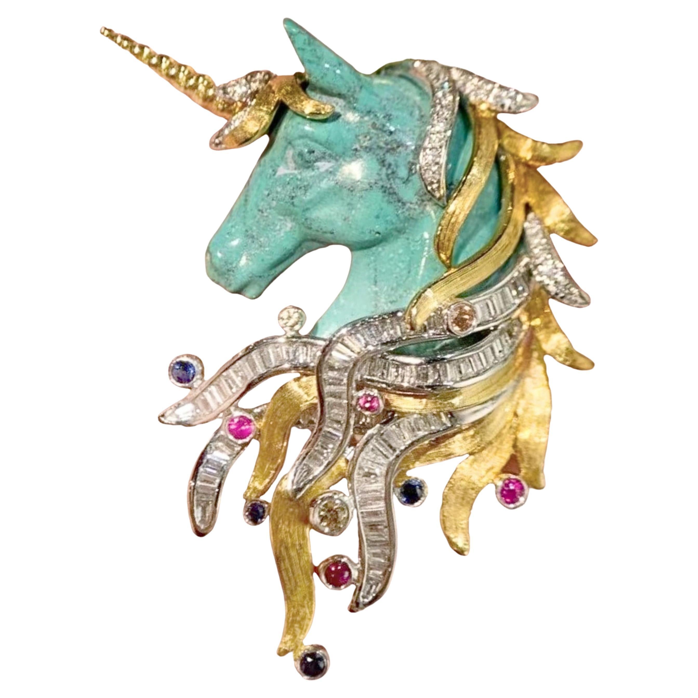 18K Gold Natural Turquoise Unicorn-Shaped Brooch with Diamonds For Sale