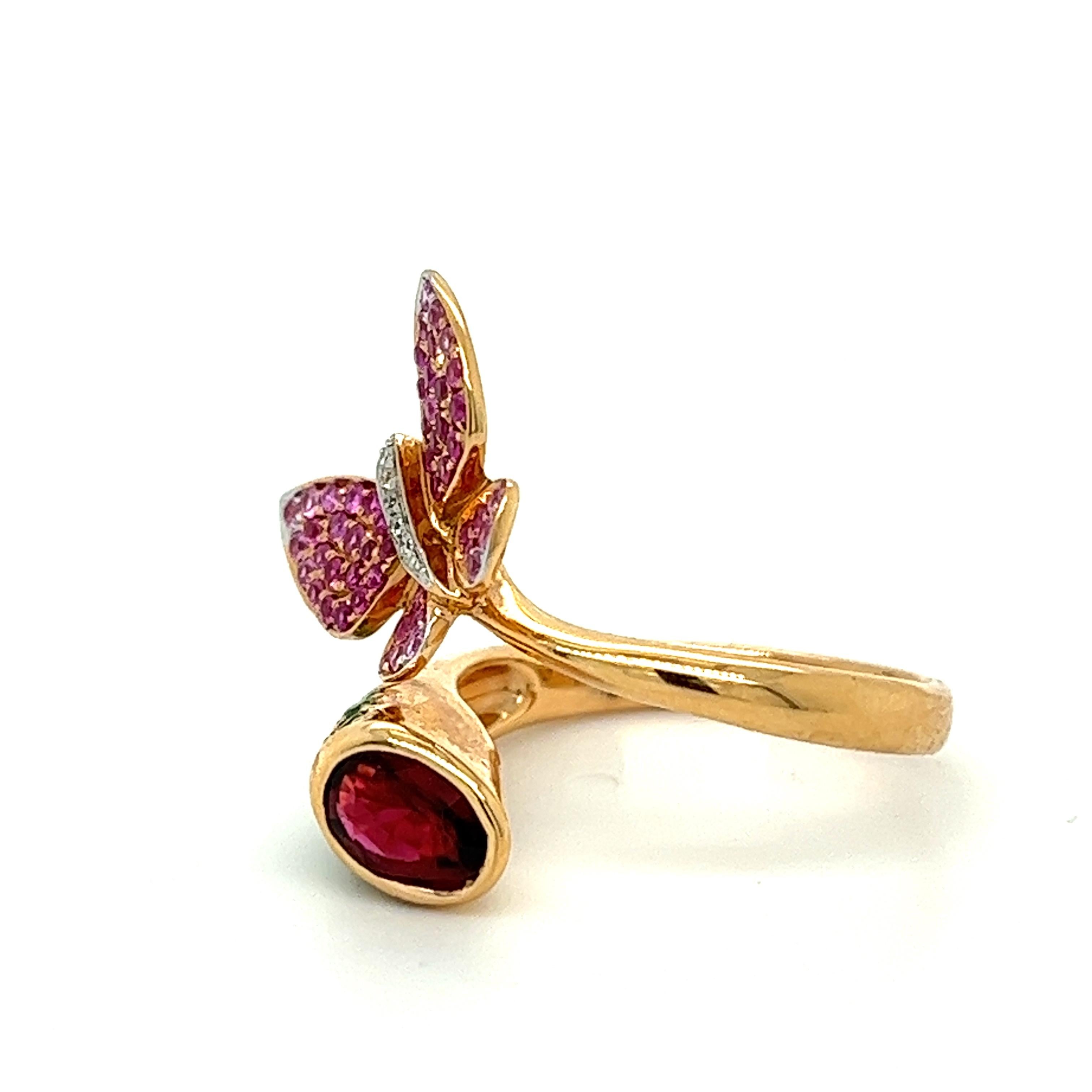 Modern 18K Gold Nature Collection Pink Sapphire and Tourmaline Ring with Diamonds For Sale