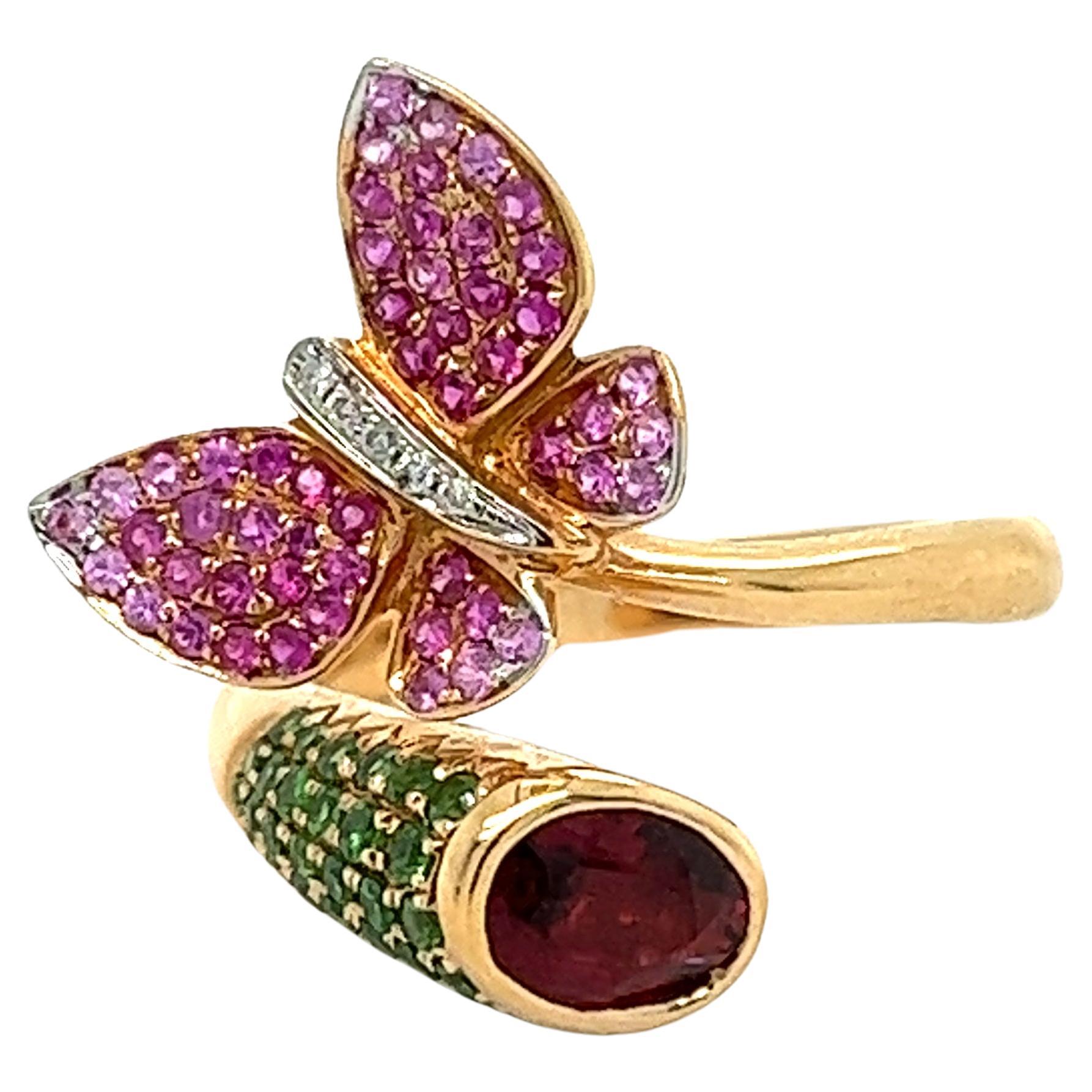 18K Gold Nature Collection Pink Sapphire and Tourmaline Ring with Diamonds For Sale