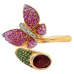 18K Gold Nature Collection Pink Sapphire and Tourmaline Ring with Diamonds