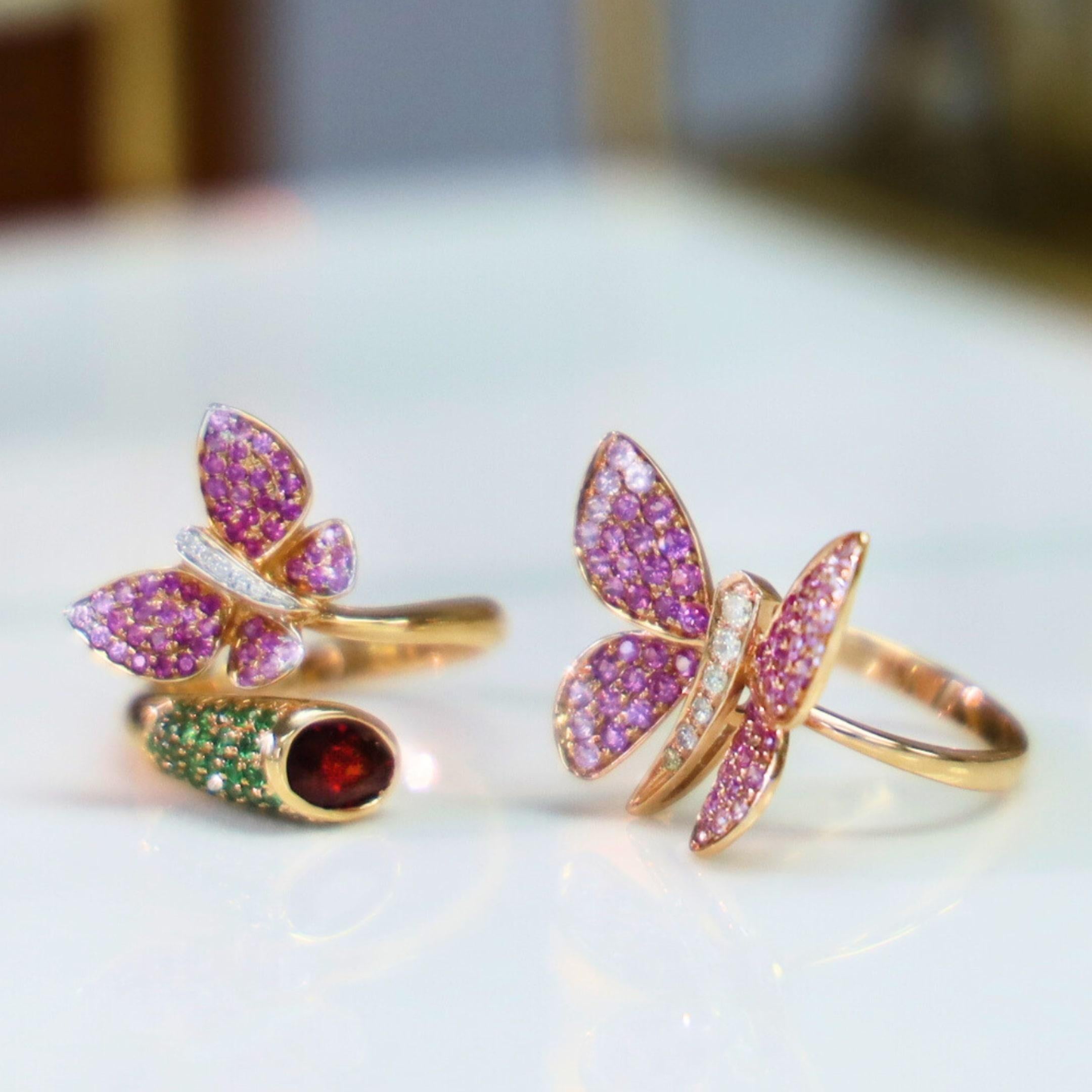 Women's or Men's 18K Gold Nature Collection Pink Sapphire and Tourmaline Ring with Diamonds For Sale