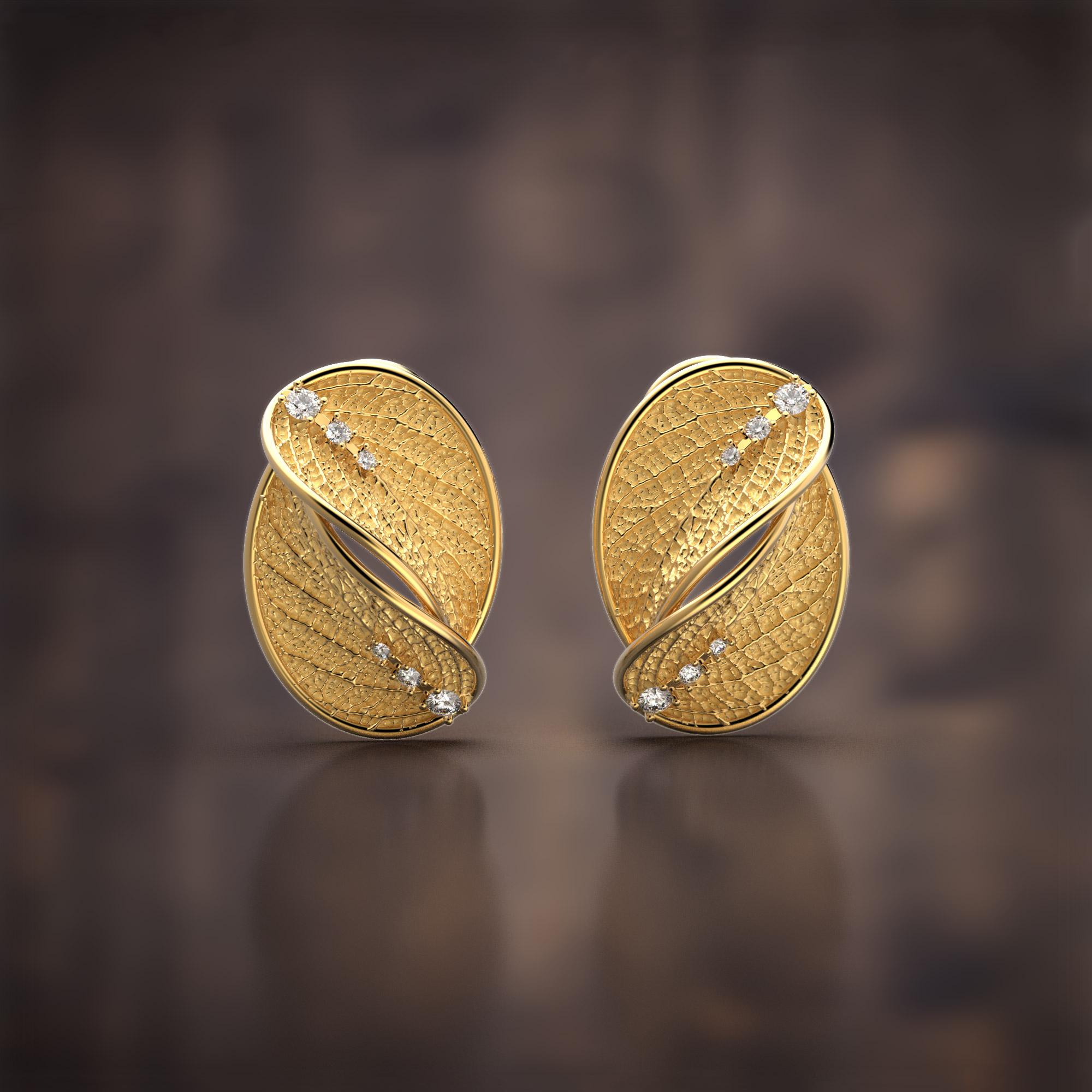 18k Gold Nature Inspired Diamant Ohrstecker mit Blatt Design, Italienischer Schmuck (Brillantschliff) im Angebot