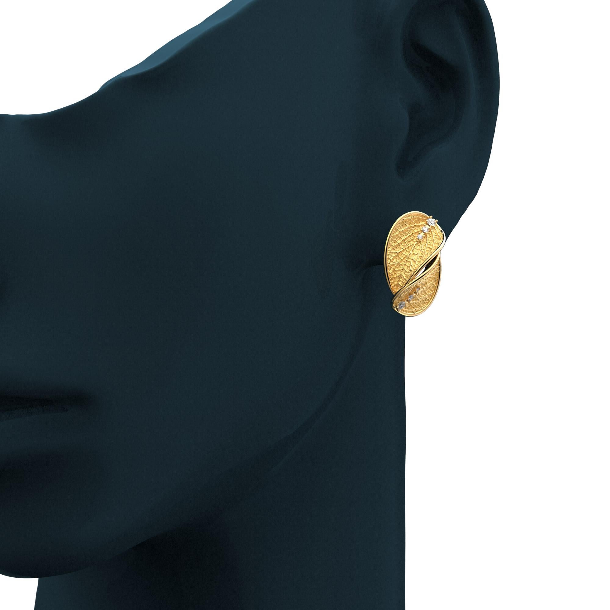 18k Gold Nature Inspired Diamant Ohrstecker mit Blatt Design, Italienischer Schmuck im Angebot 2