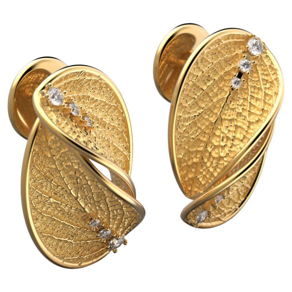 18k Gold Nature Inspired Diamond Stud Earrings with Leaf Design, Italian Jewelry For Sale