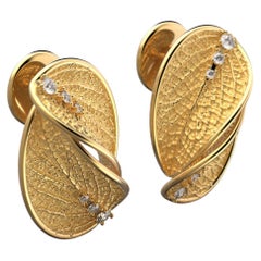 18k Gold Nature Inspired Diamant Ohrstecker mit Blatt Design, Italienischer Schmuck