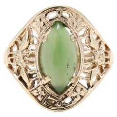 18K Gold Navette Jade Floral Filigree Ring