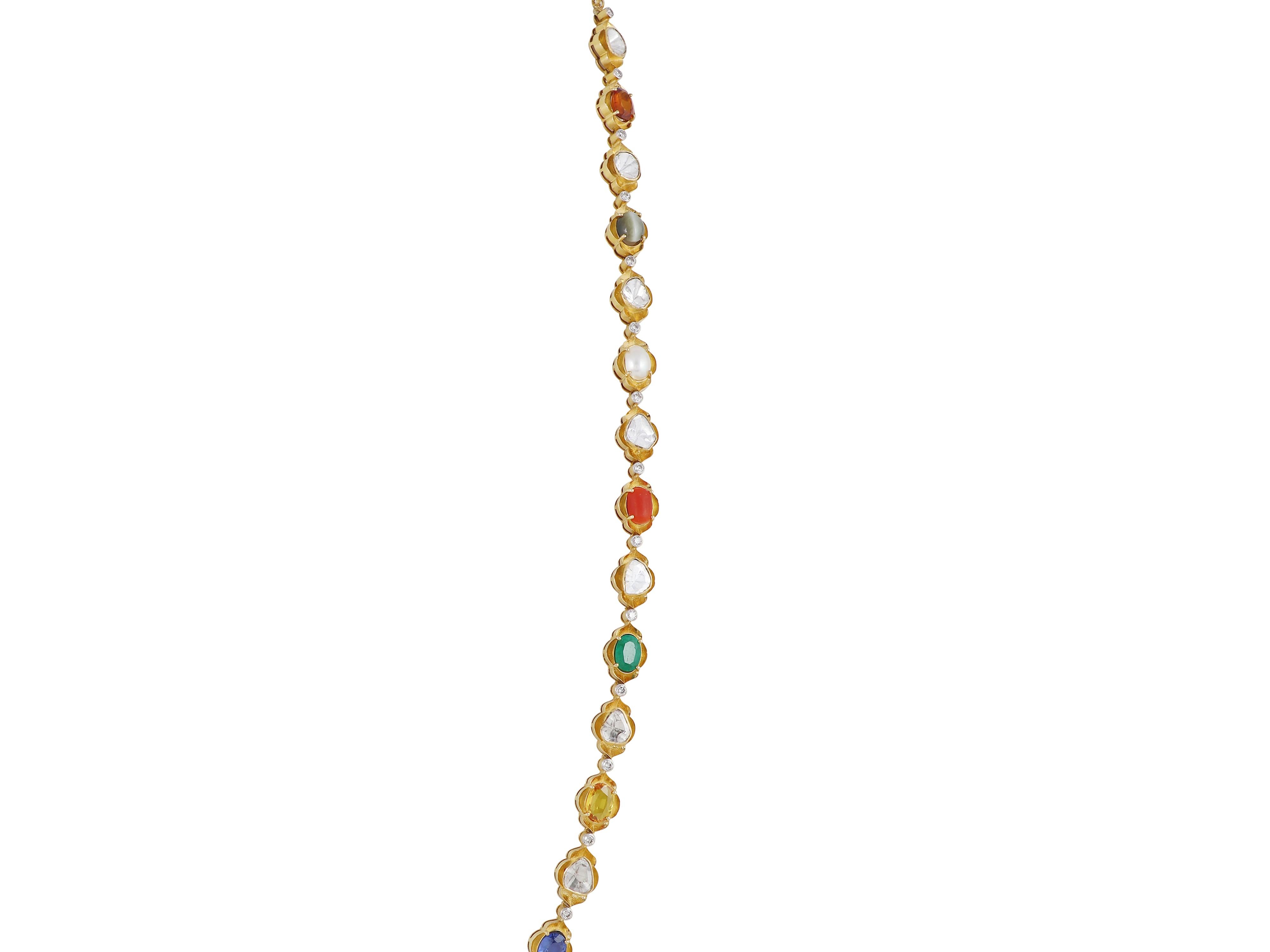 Navratna-Halskette aus 18 Karat Gold mit Diamanten und Diamantscheiben  Navratan-Schnur für Damen oder Herren im Angebot