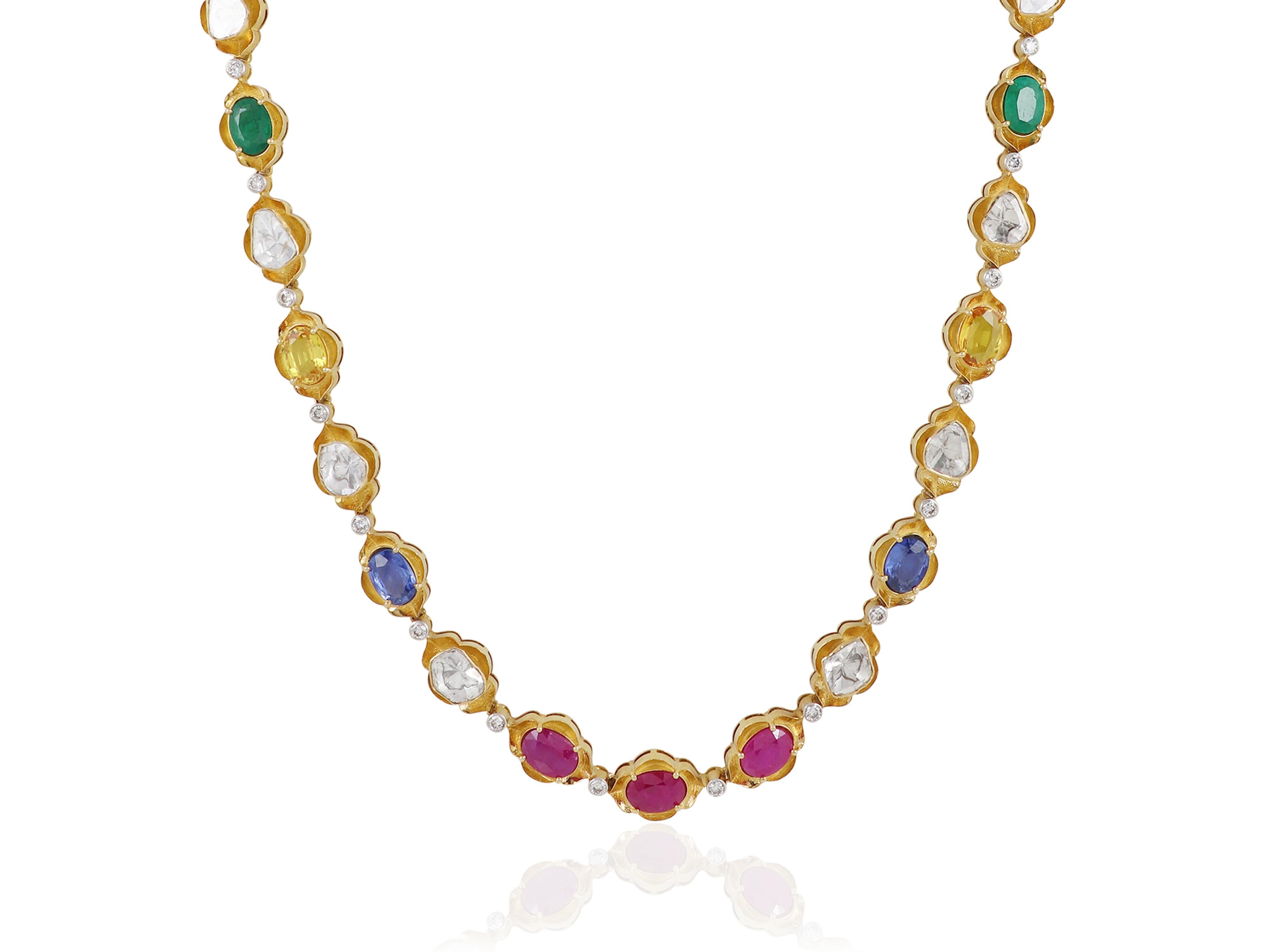 Navratna-Halskette aus 18 Karat Gold mit Diamanten und Diamantscheiben  Navratan-Schnur im Angebot 1