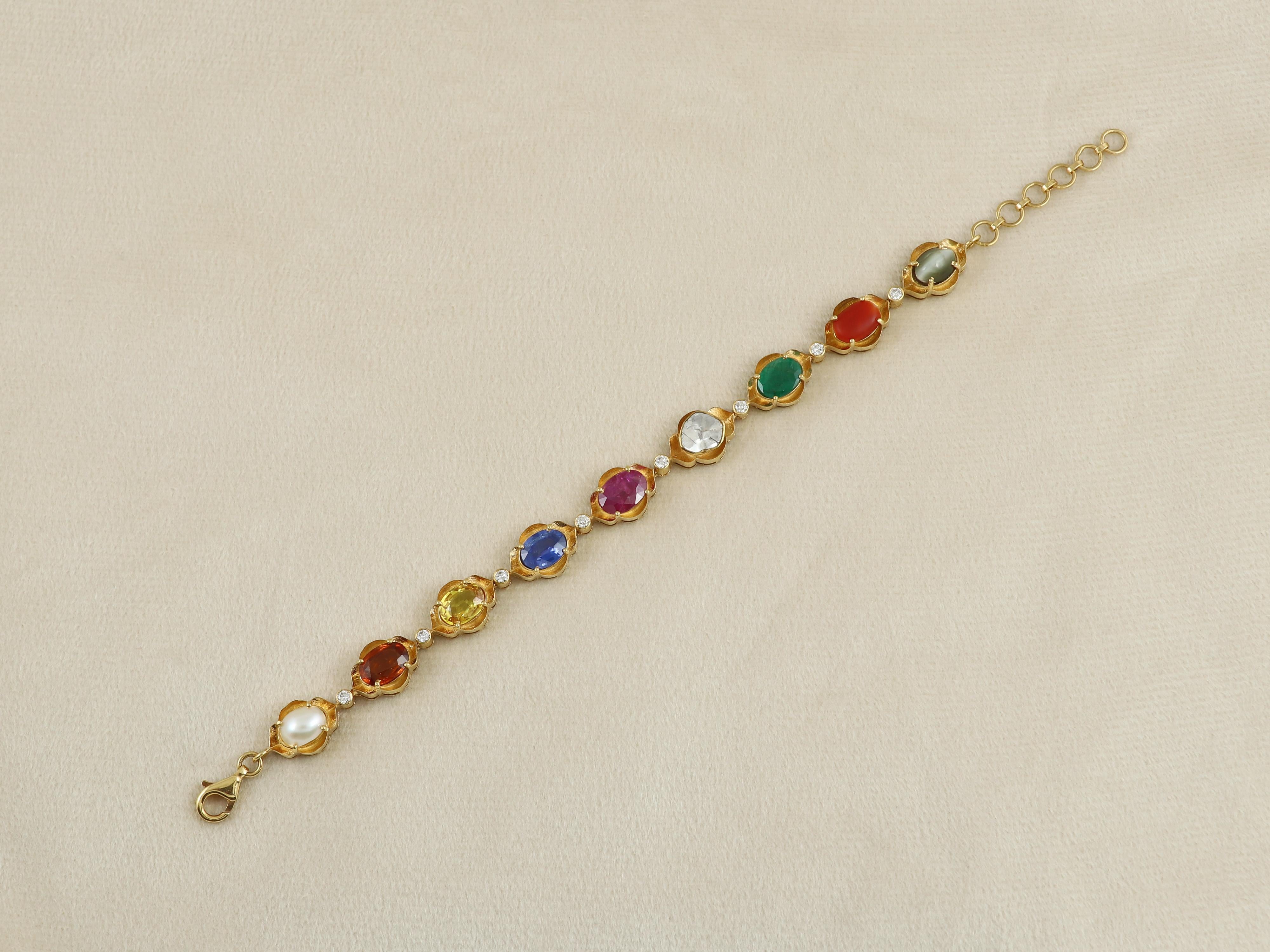 Oval Cut 18K gold Navratna nine gem diamond and polki bracelet For Sale