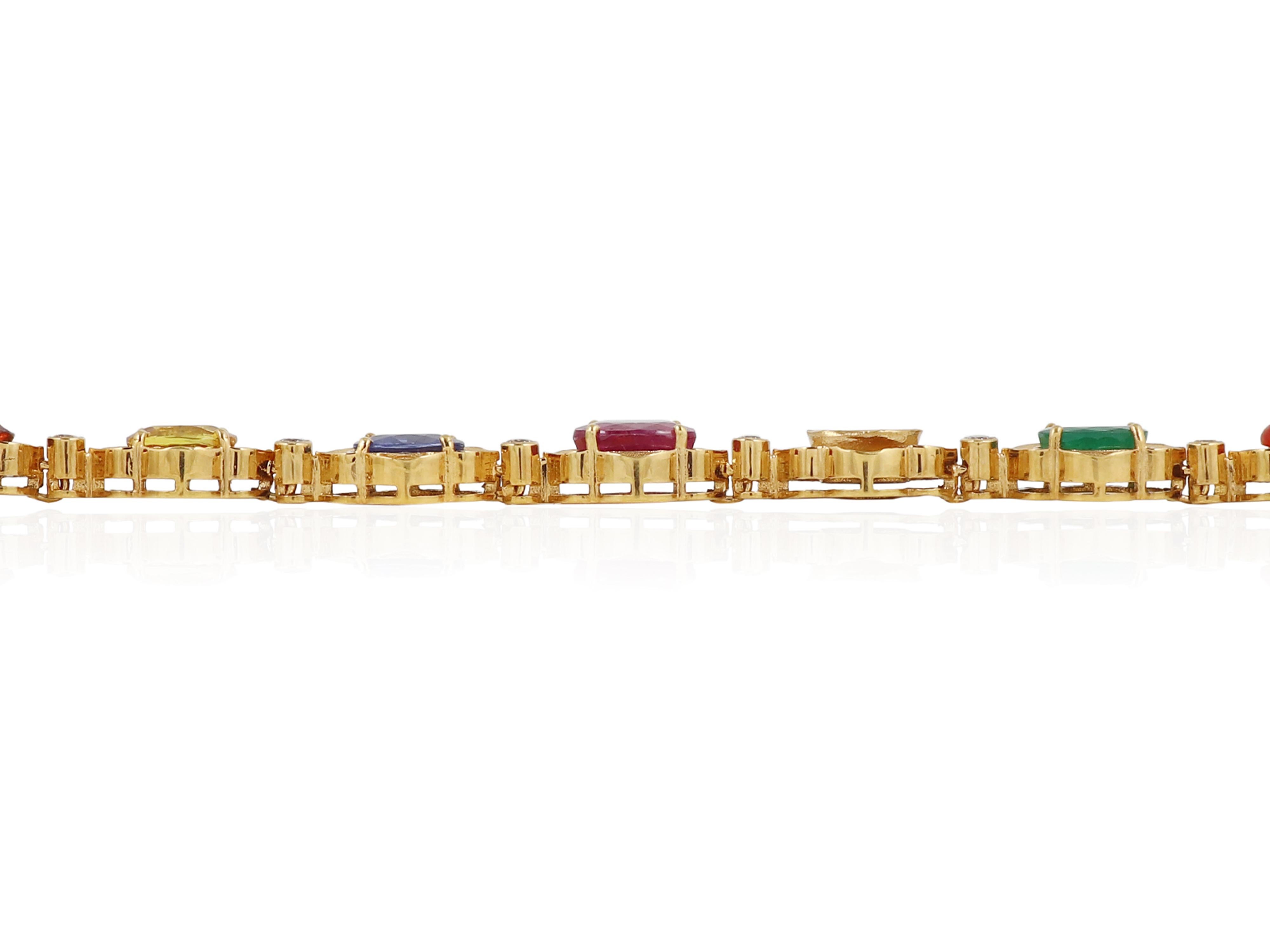 18K gold Navratna nine gem diamond and polki bracelet In New Condition For Sale In Bangkok,, TH