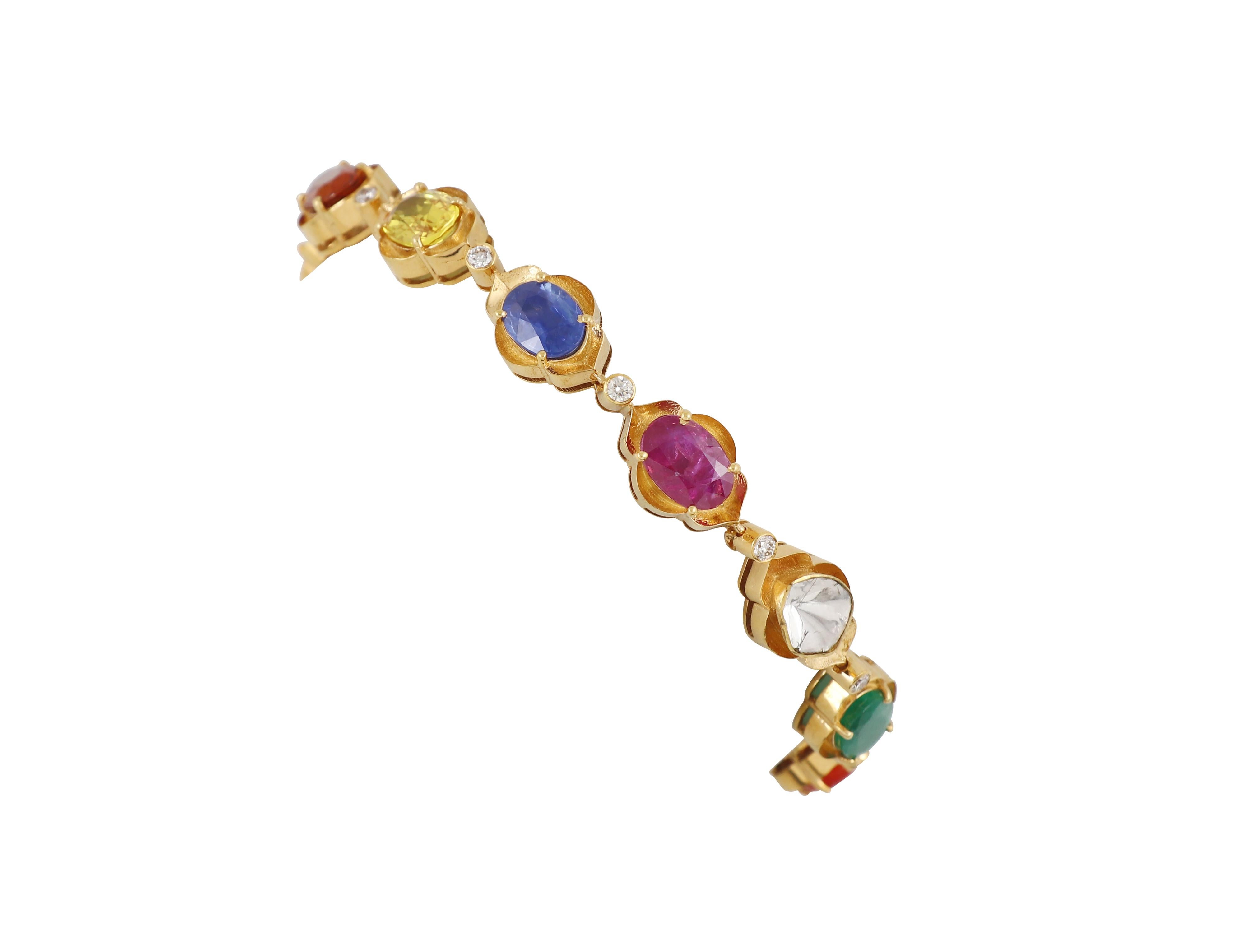 18K gold Navratna nine gem diamond and polki bracelet For Sale 1