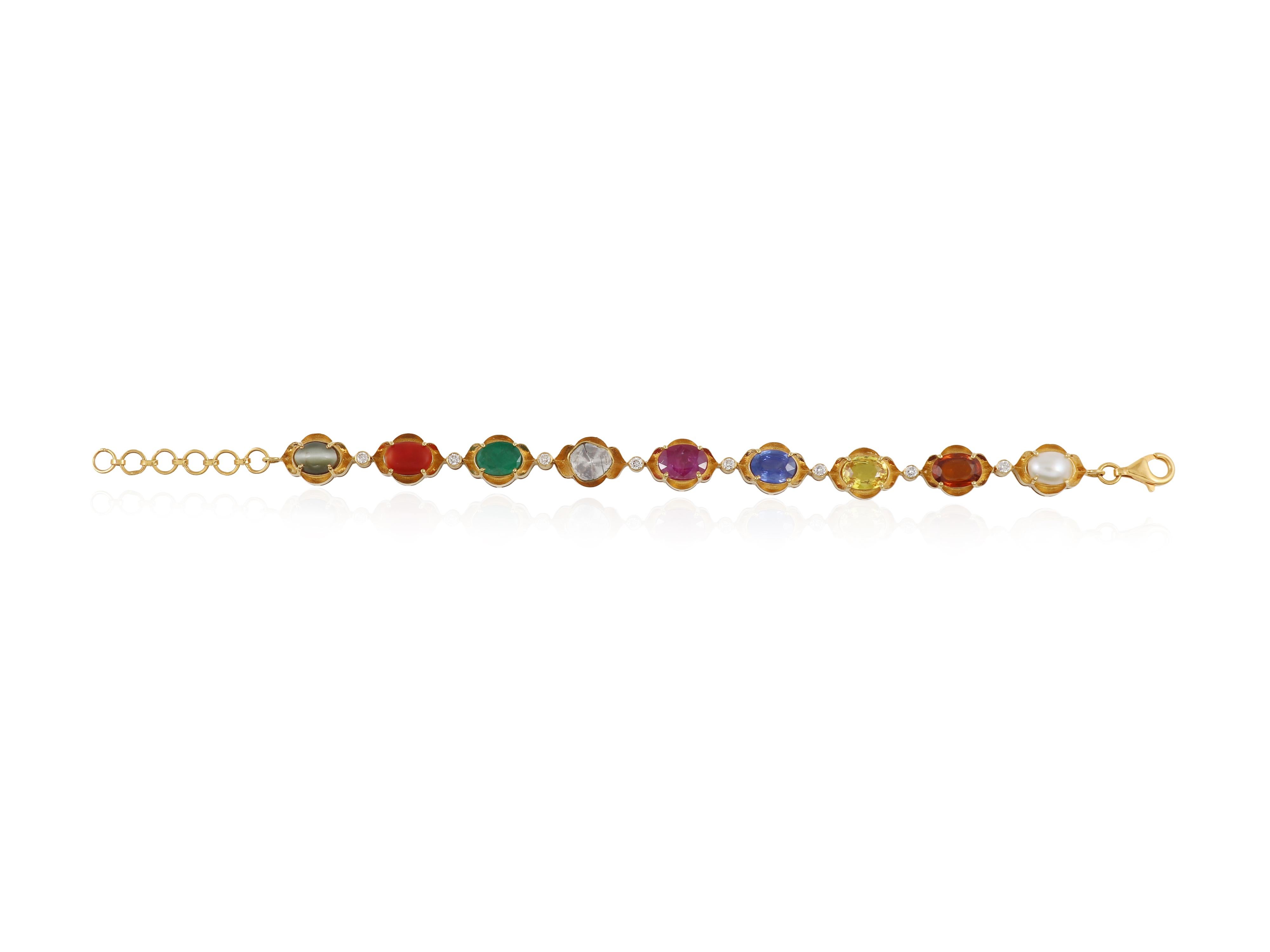 18K gold Navratna nine gem diamond and polki bracelet For Sale 2