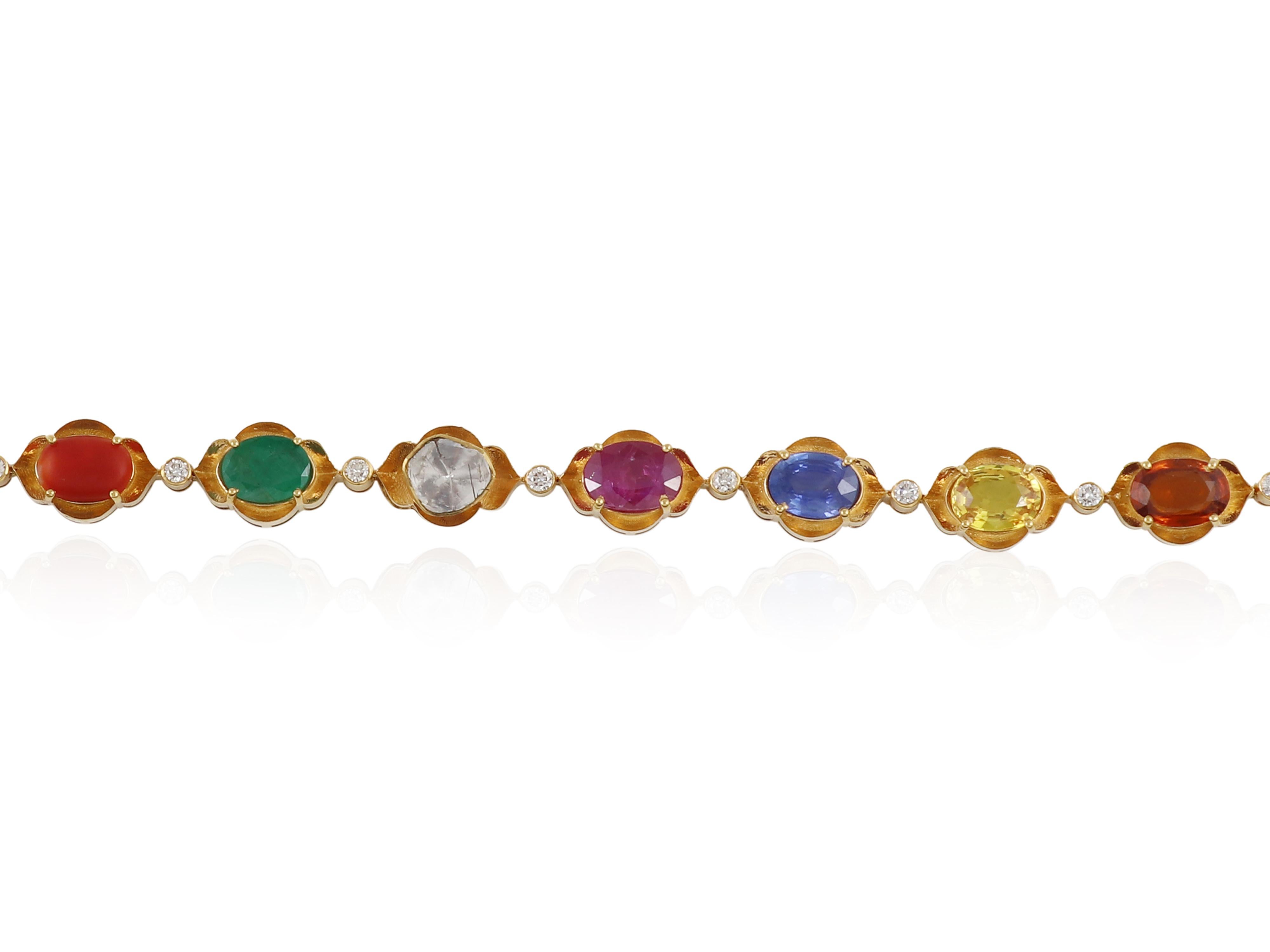 18K gold Navratna nine gem diamond and polki bracelet For Sale 3