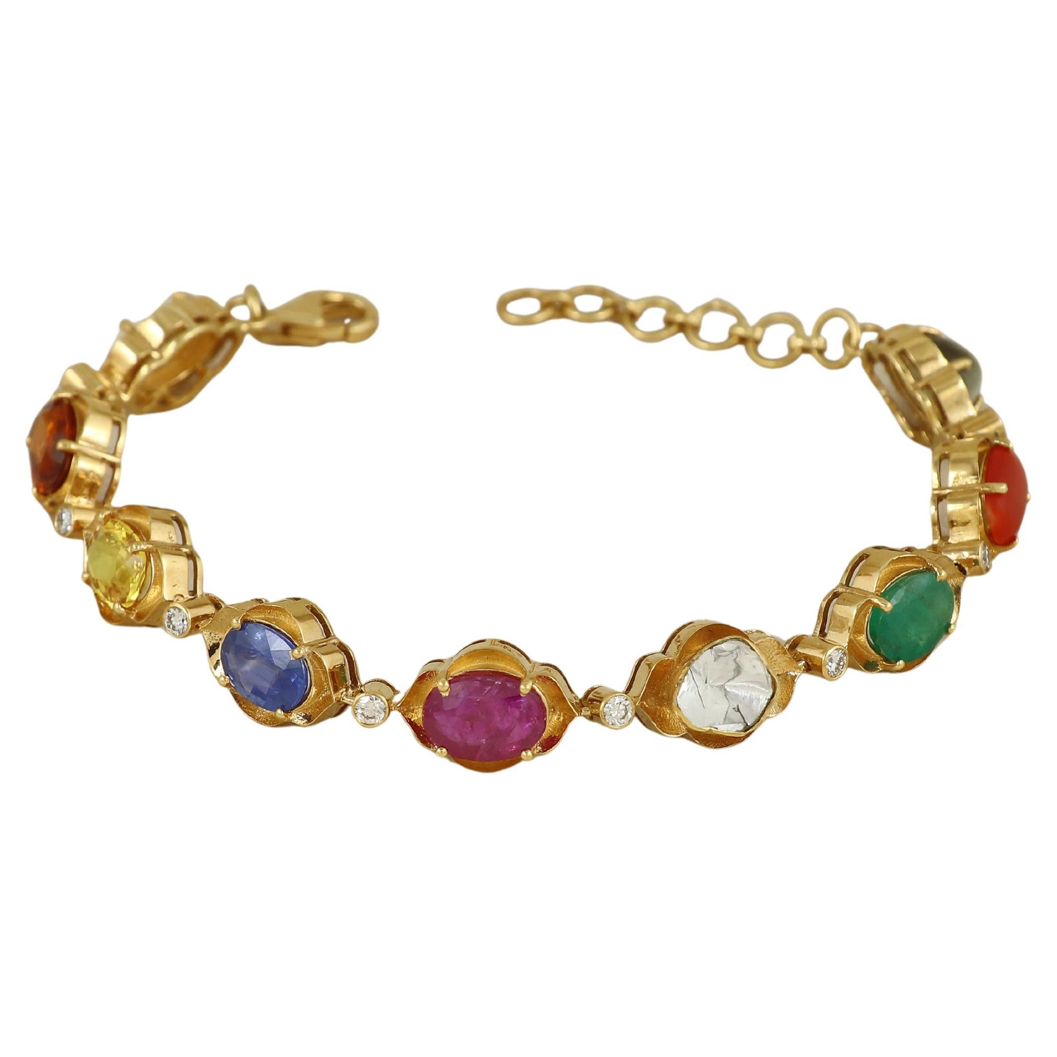 18K gold Navratna nine gem diamond and polki bracelet For Sale