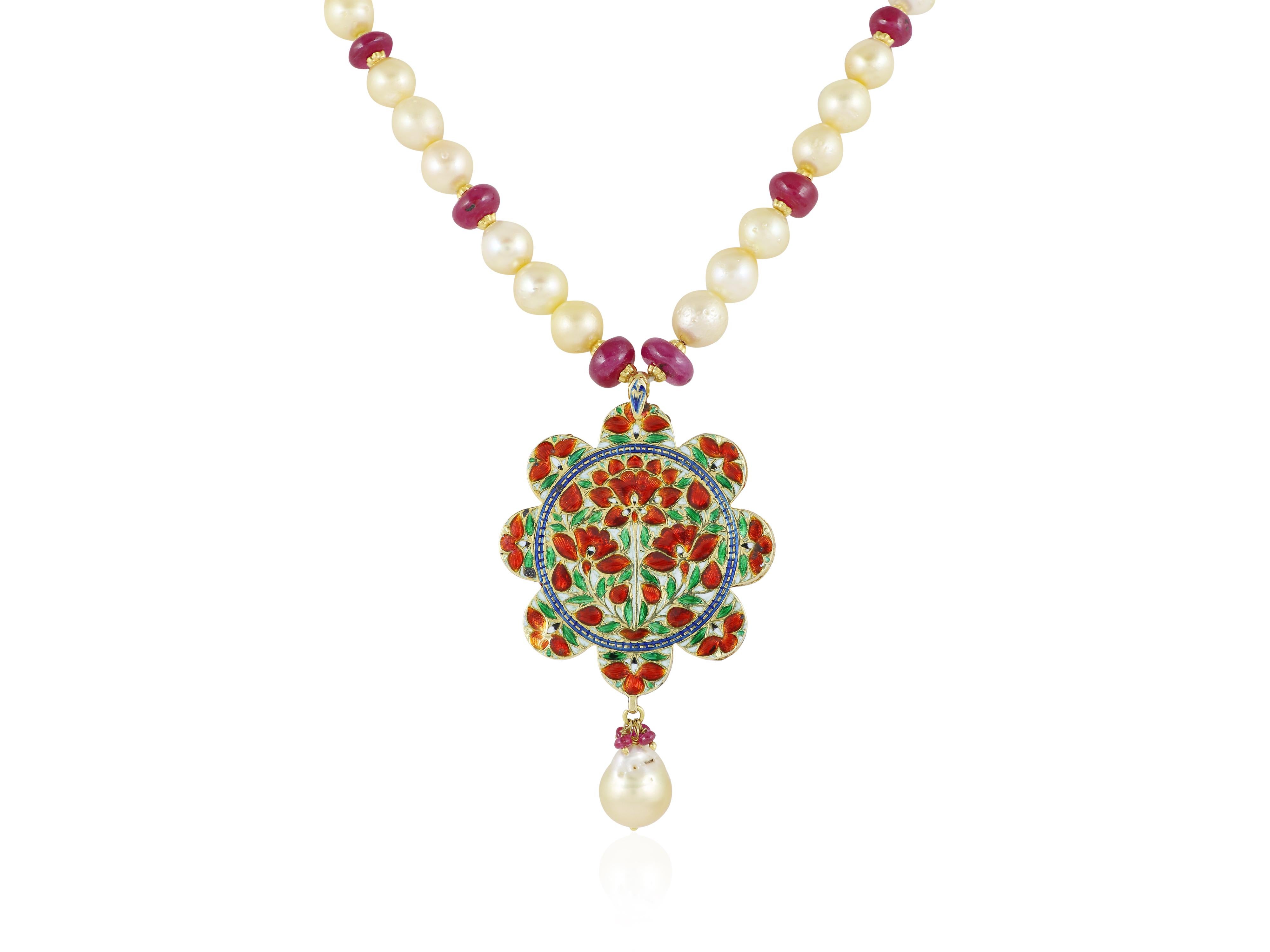 Ciondolo Navratna in oro 18K Ciondolo Kundan Meena polki per matrimonio indiano in vendita 2