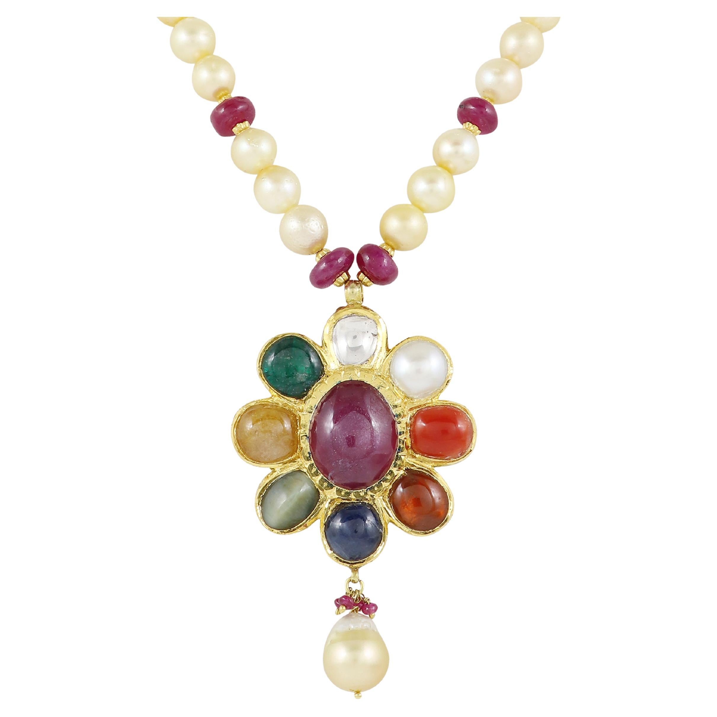18K gold Navratna pendant Kundan Meena polki pendant for Indian wedding