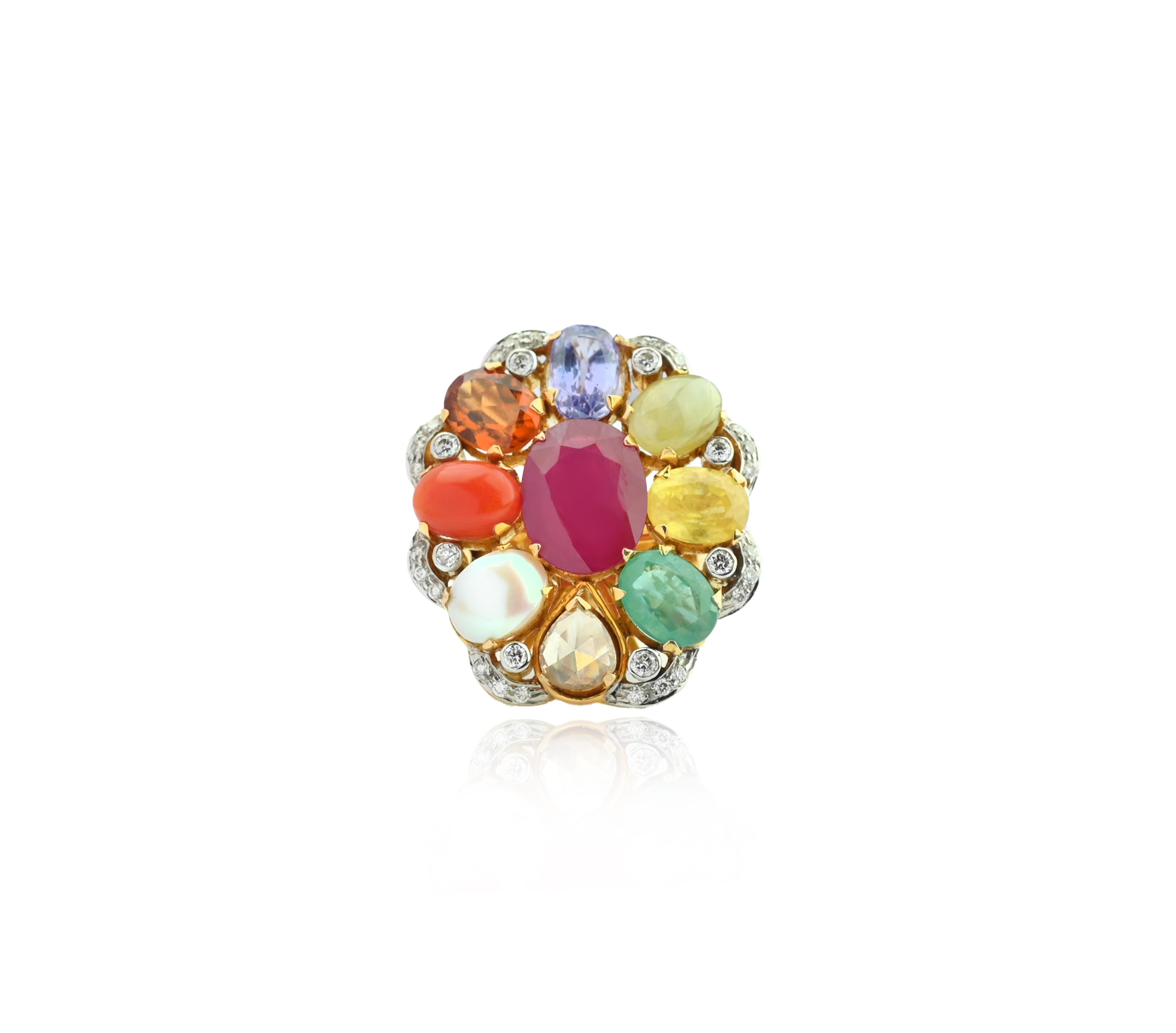 Women's or Men's 18K gold Nine natural Precious Gemstone Navratna ring with diamonds For Sale
