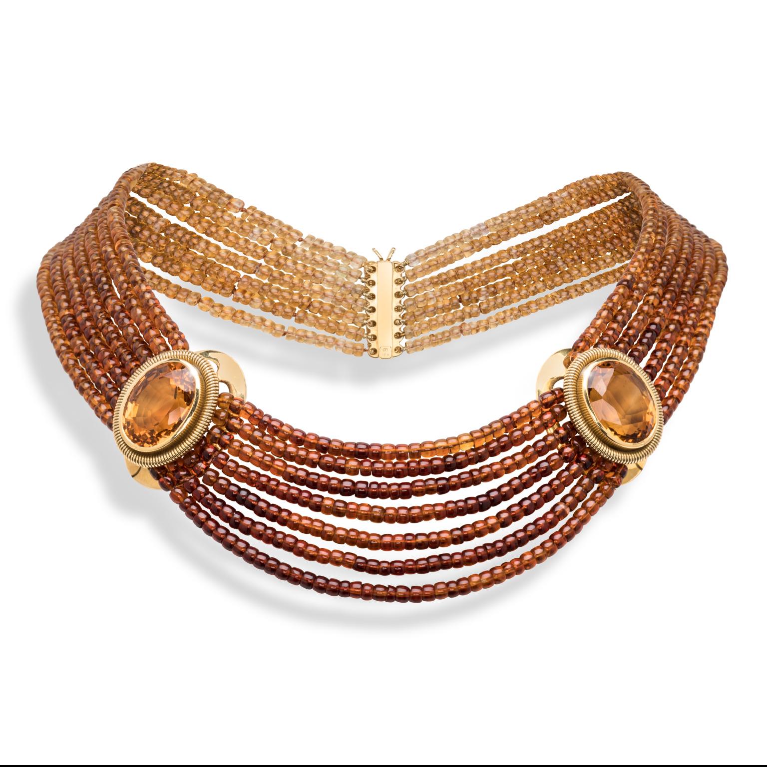 18 Karat Gold Halskette mit Citrinsteinen und abgestuften farbigen Citrinperlen (Cabochon) im Angebot