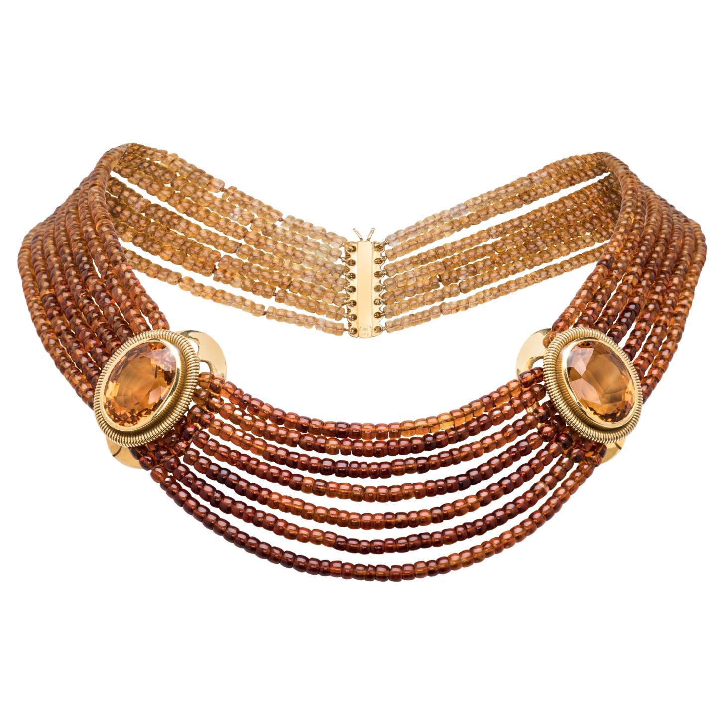 18 Karat Gold Halskette mit Citrinsteinen und abgestuften farbigen Citrinperlen