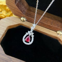 18K Gold Drop Shaped Ruby Halo Diamond Pendant Necklace