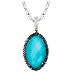 18K Gold Necklace w/Oval White Topaz, Arizona Turquoise, Black & White Diamonds