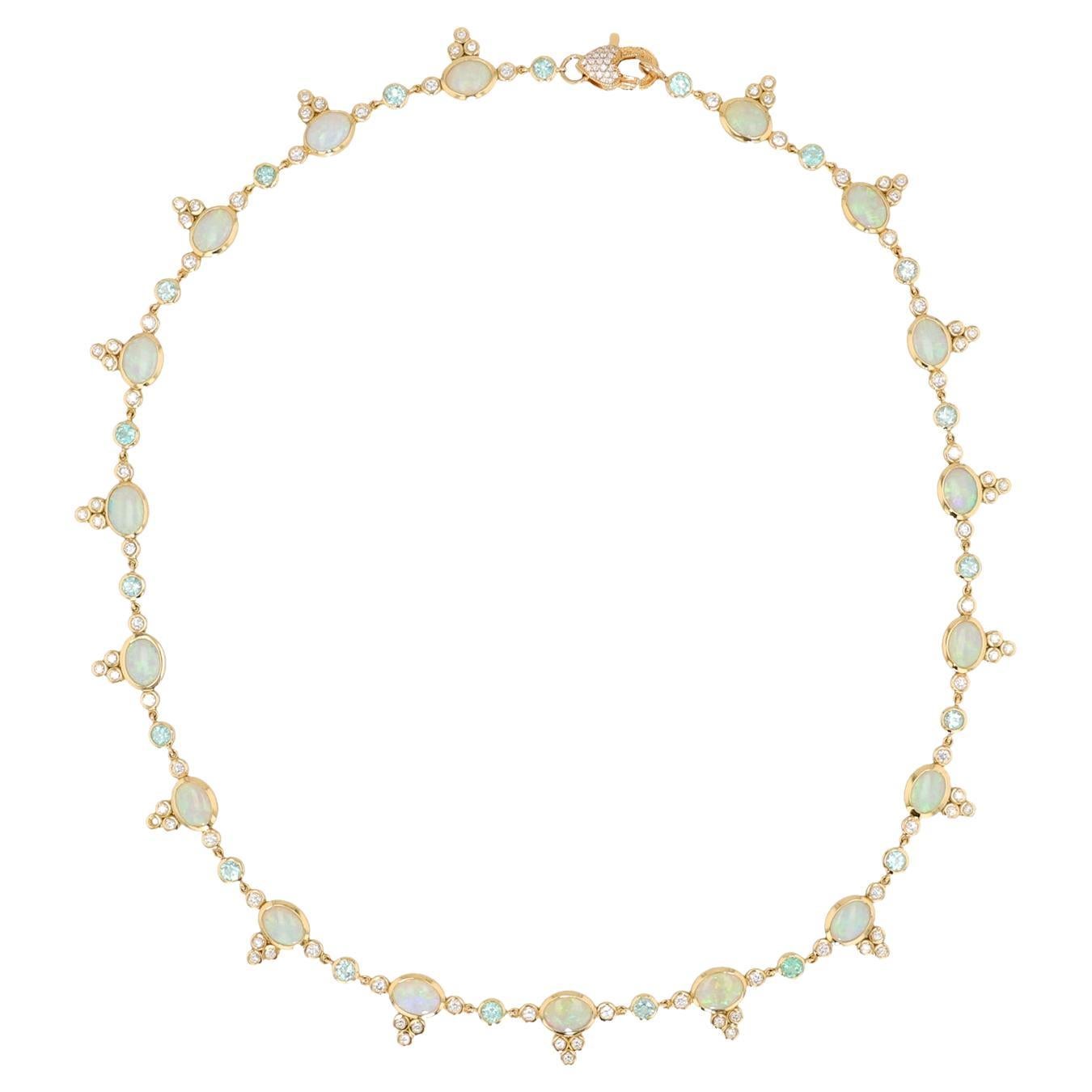18 Karat Gold Halskette mit australischem Opal, Paraiba-Turmalin und Diamant-Akzenten