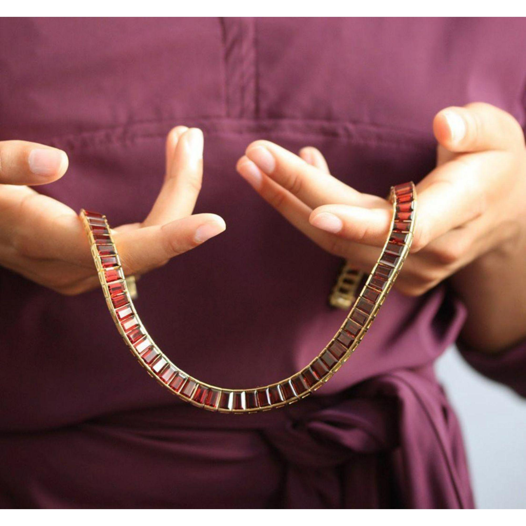 Baguette Cut 18K Gold Necklace with Garnets For Sale
