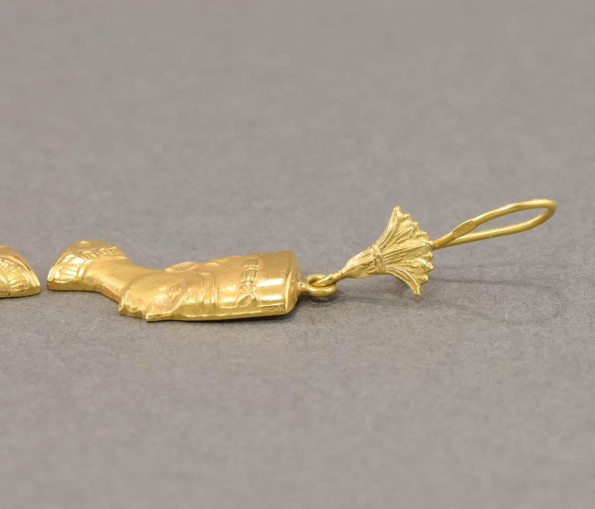 Modern 18K Gold Nefertiti Dangle Earrings with Lotus Flowers & Latching Ear Wires For Sale