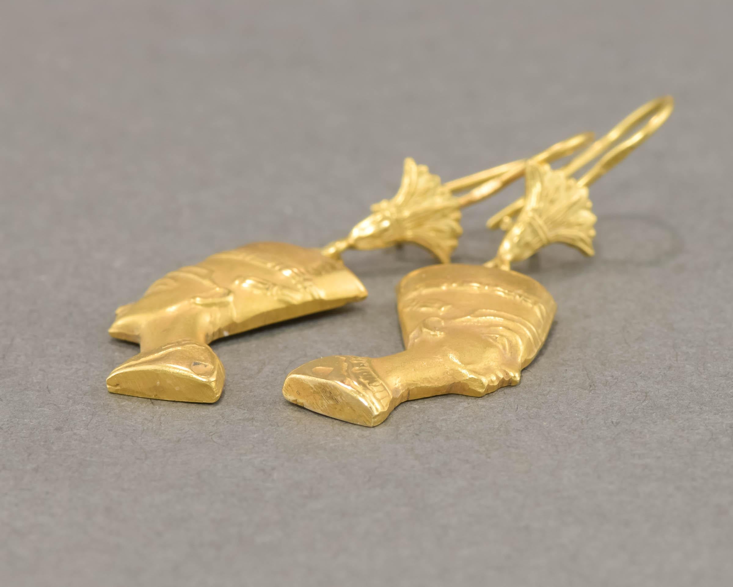 Women's 18K Gold Nefertiti Dangle Earrings with Lotus Flowers & Latching Ear Wires For Sale